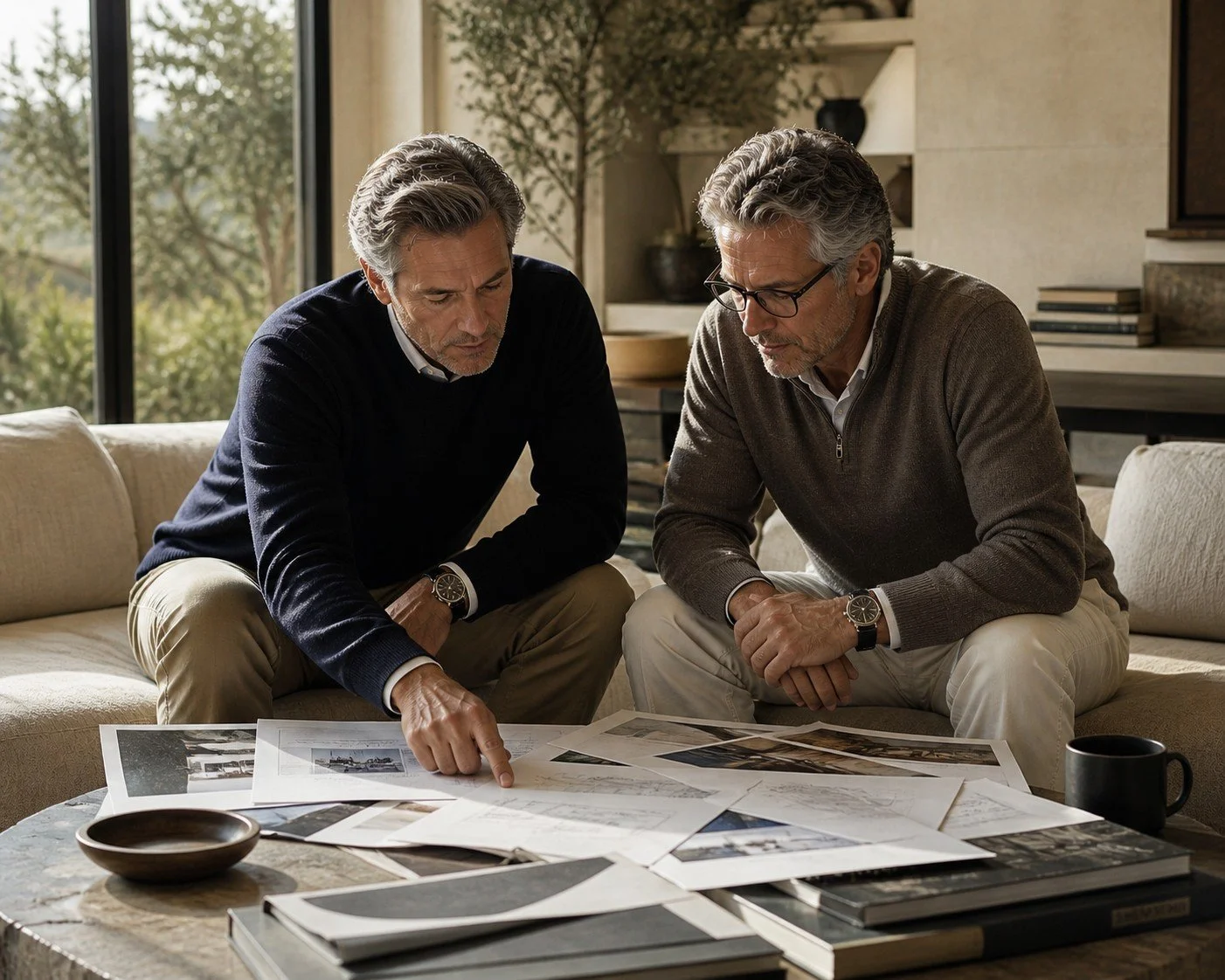 Two middle-aged men sit on a sofa, reviewing architectural plans and photographs spread out on a coffee table in a modern, well-lit living room.