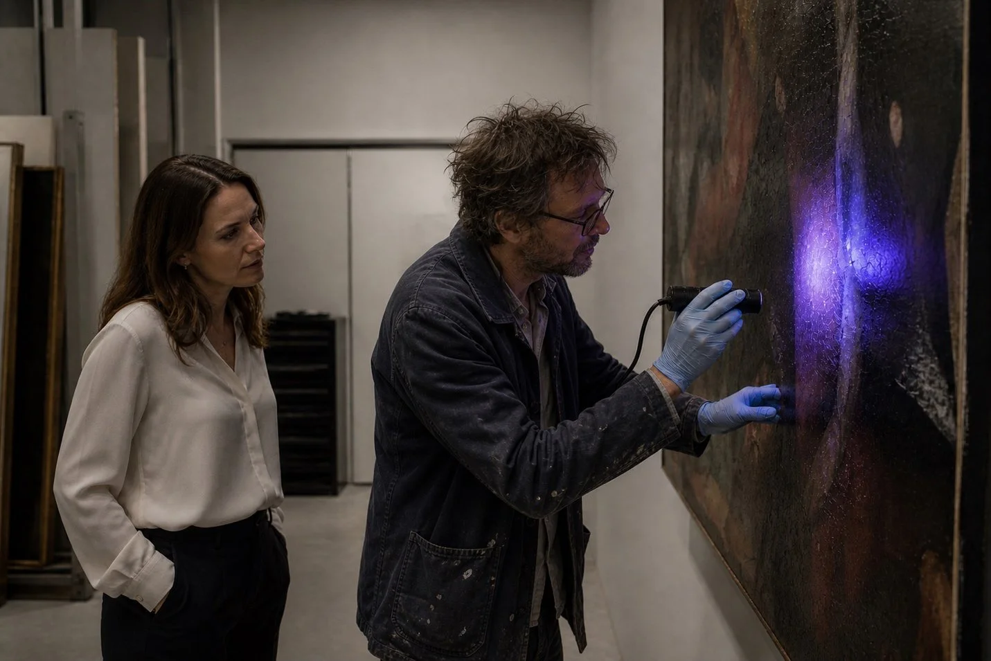 A man in gloves uses a UV flashlight to examine a large canvas, while a woman in a white blouse watches intently, suggesting an art restoration scene.