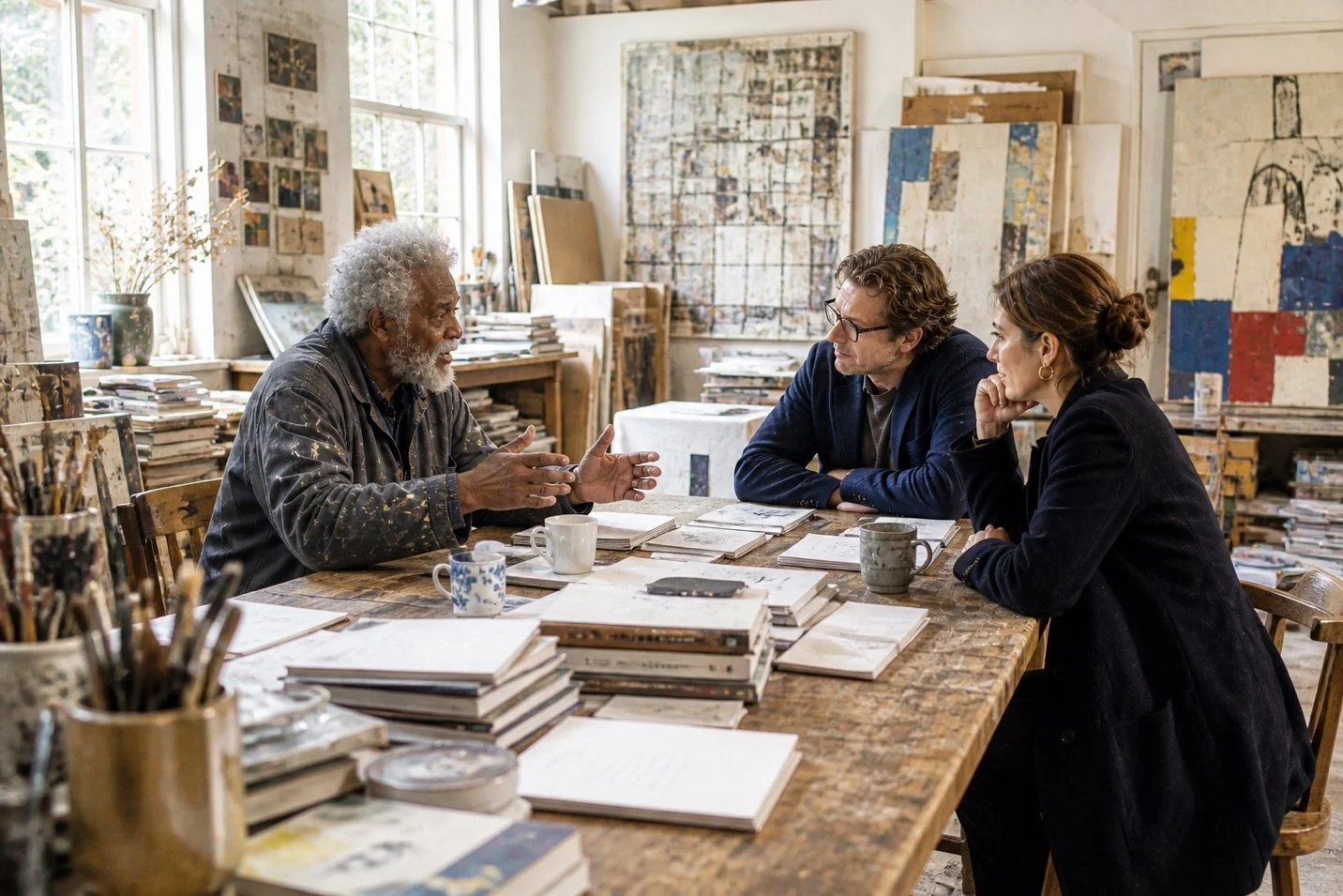 An artist passionately discusses his work with two attentive visitors in a cluttered, light-filled studio. The atmosphere is creative and engaged.