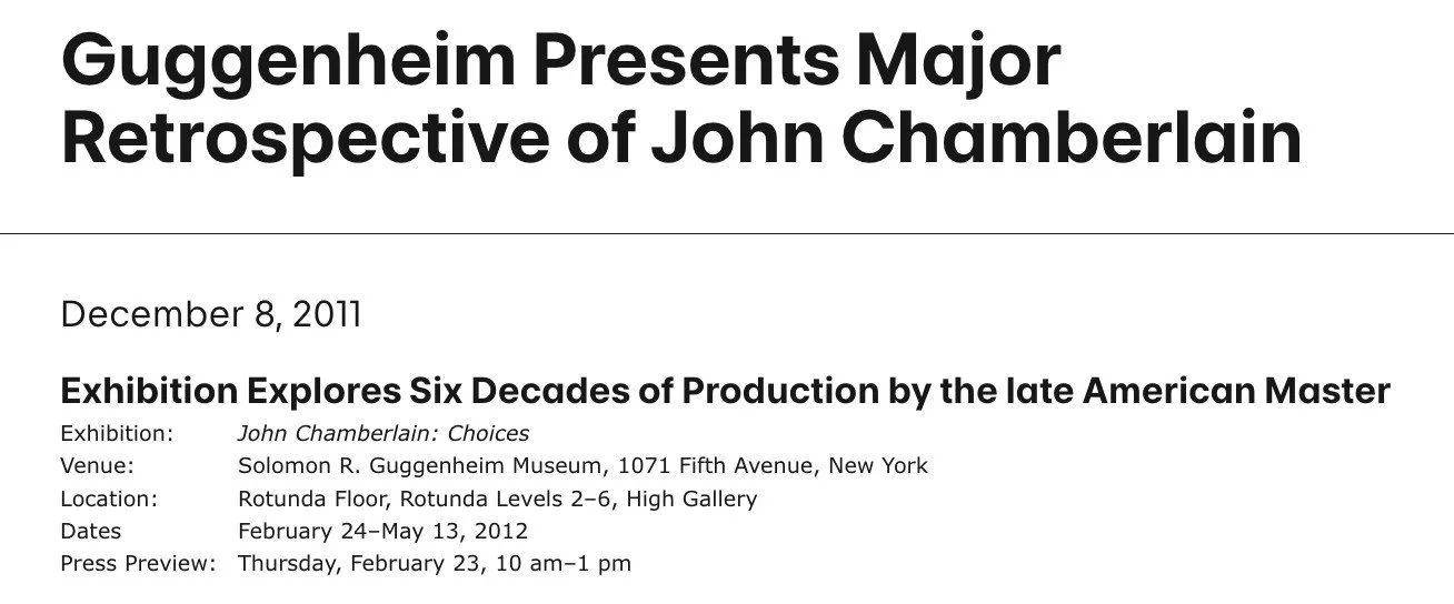 Announcement for a 2012 Guggenheim Museum retrospective of John Chamberlain, highlighting six decades of his work at the New York venue.