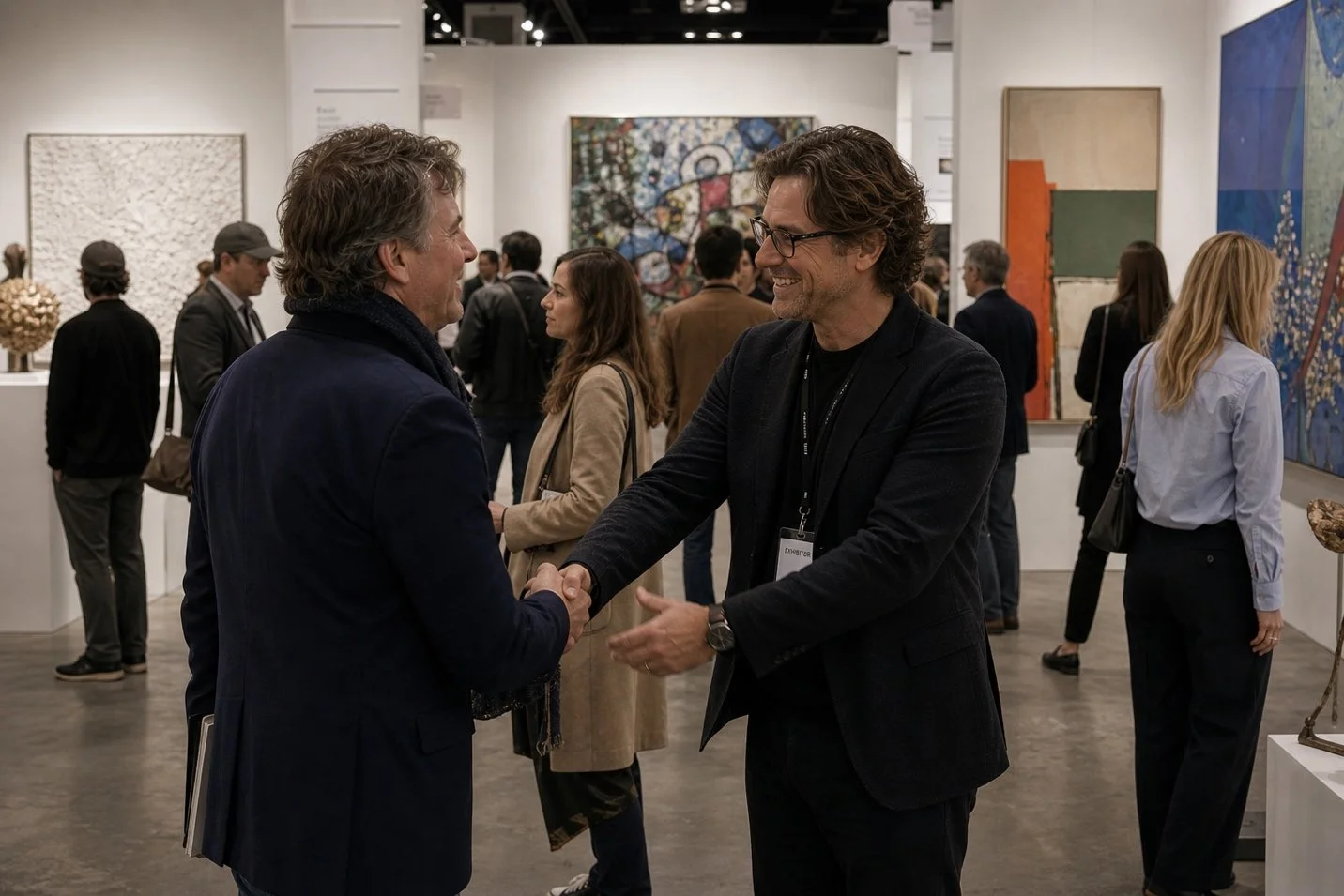 Two men shaking hands in an art gallery, surrounded by paintings and sculptures. The atmosphere is lively, with several people conversing and admiring art.