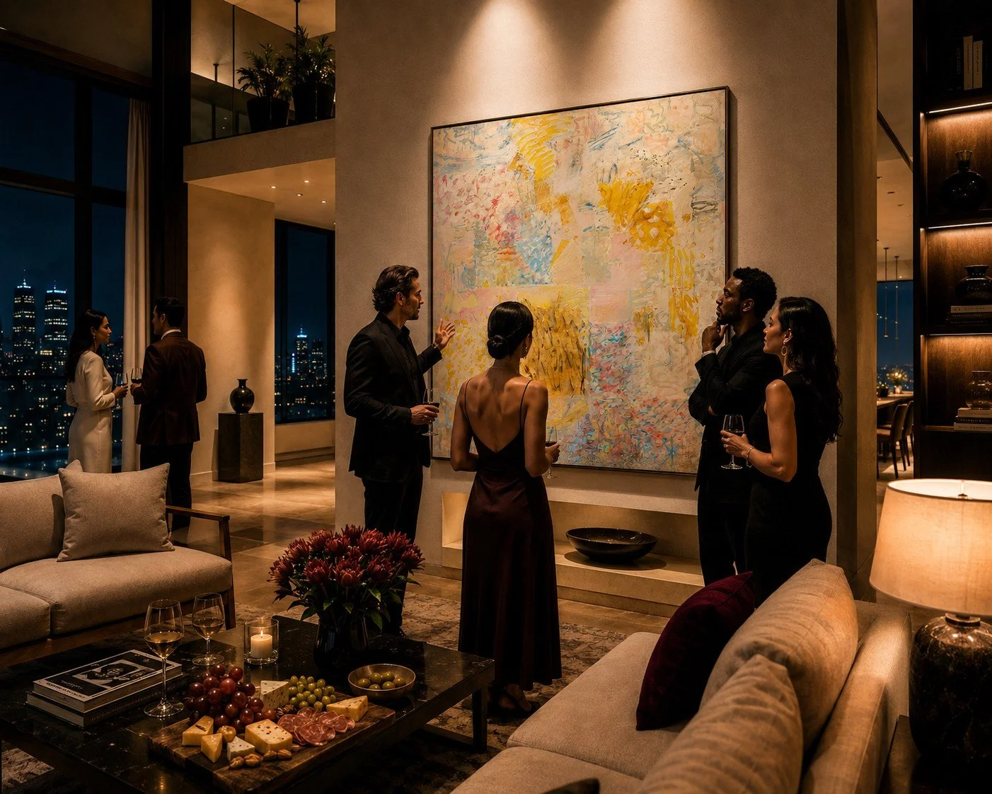 A small group of elegantly dressed people admire a colorful abstract painting in a modern, luxurious living room with city lights visible through large windows.
