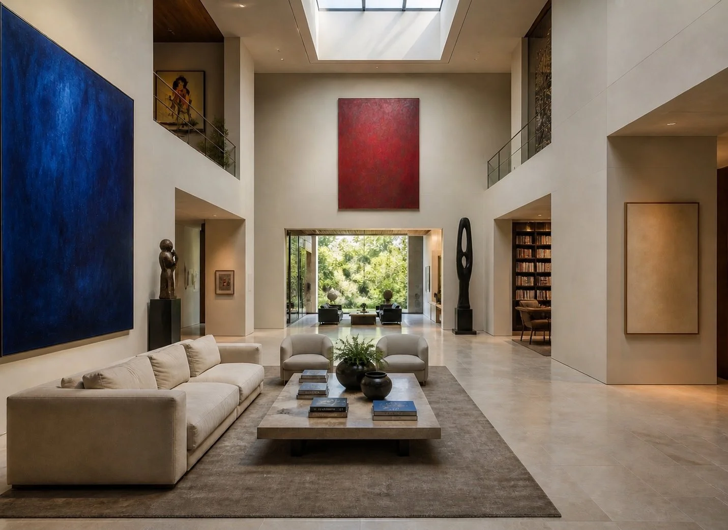 Spacious modern living room with a skylight, abstract blue and red paintings, beige sofa, coffee table, art sculptures, and bookshelves. Serene ambiance.