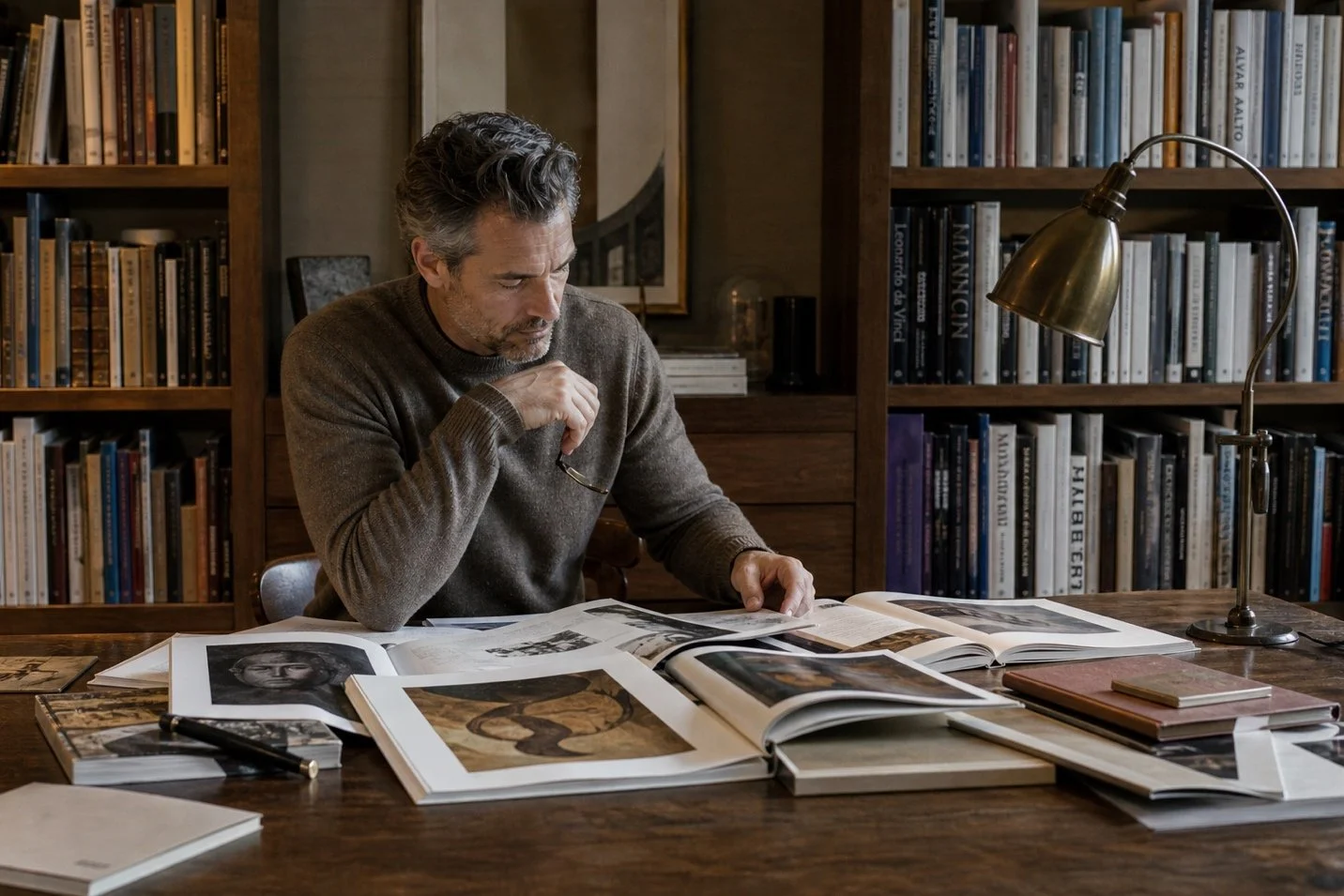 A man in a cozy library studies art books at a wooden desk, surrounded by shelves of books. A focused, contemplative mood is enhanced by warm lighting.