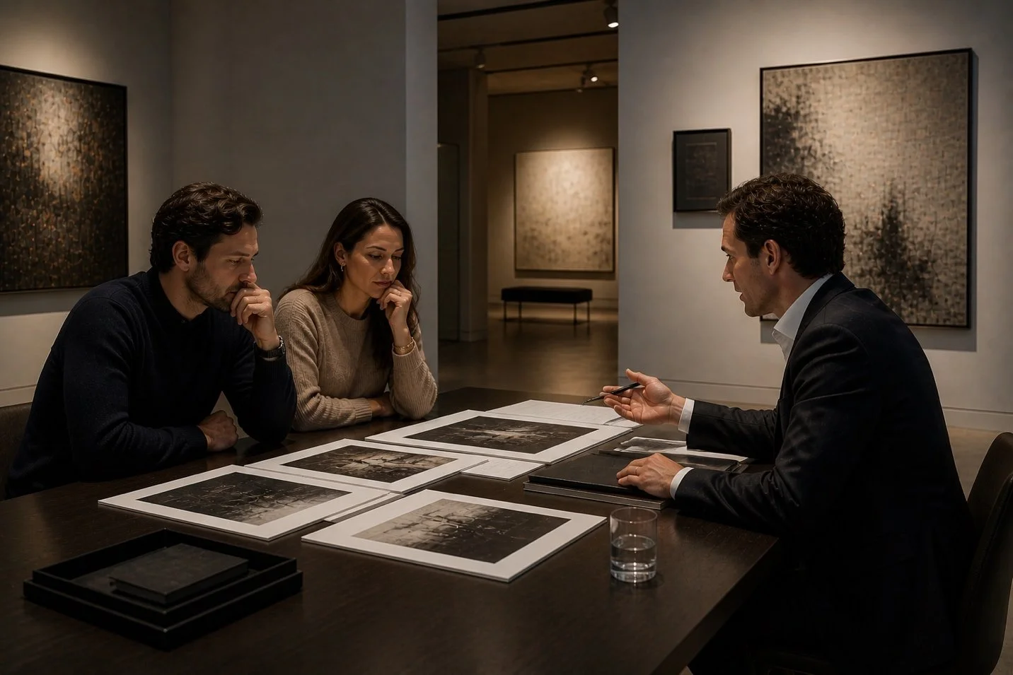 Three people are seated around a table in an art gallery, discussing black-and-white prints. They appear thoughtful. Dim lighting and abstract art adorns the walls.