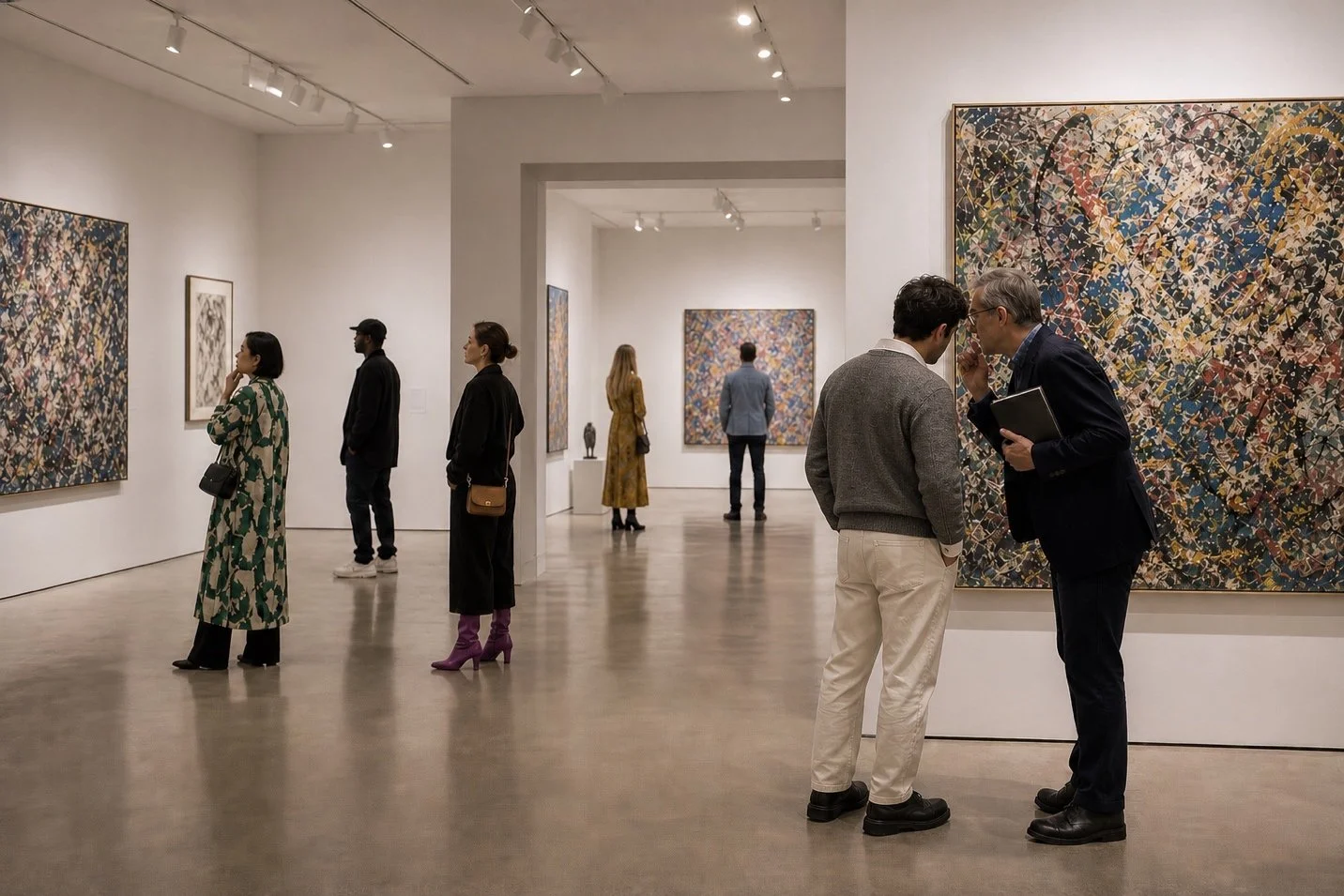 People in a modern art gallery admire abstract paintings with vibrant colors. The setting is calm and well-lit, creating a contemplative atmosphere.