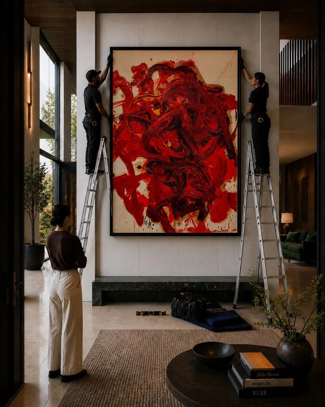 Art installers hang a large red abstract painting in a modern luxury interior while a woman observes the installation.
