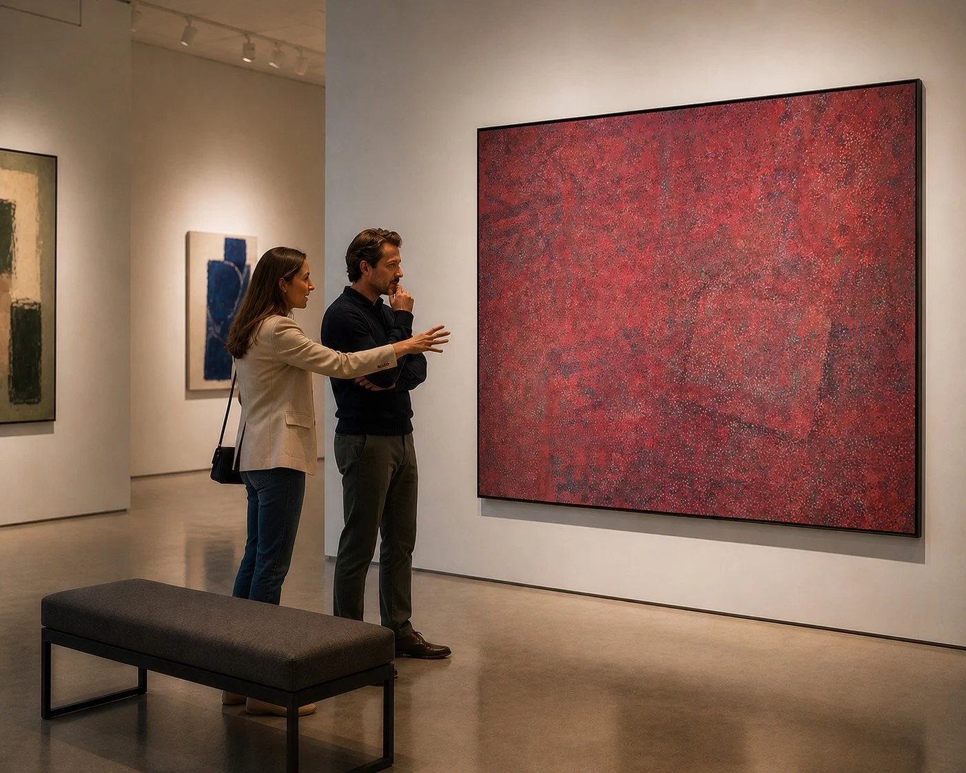 Two visitors examine a large red abstract painting in a modern art gallery with minimalist lighting and contemporary decor.
