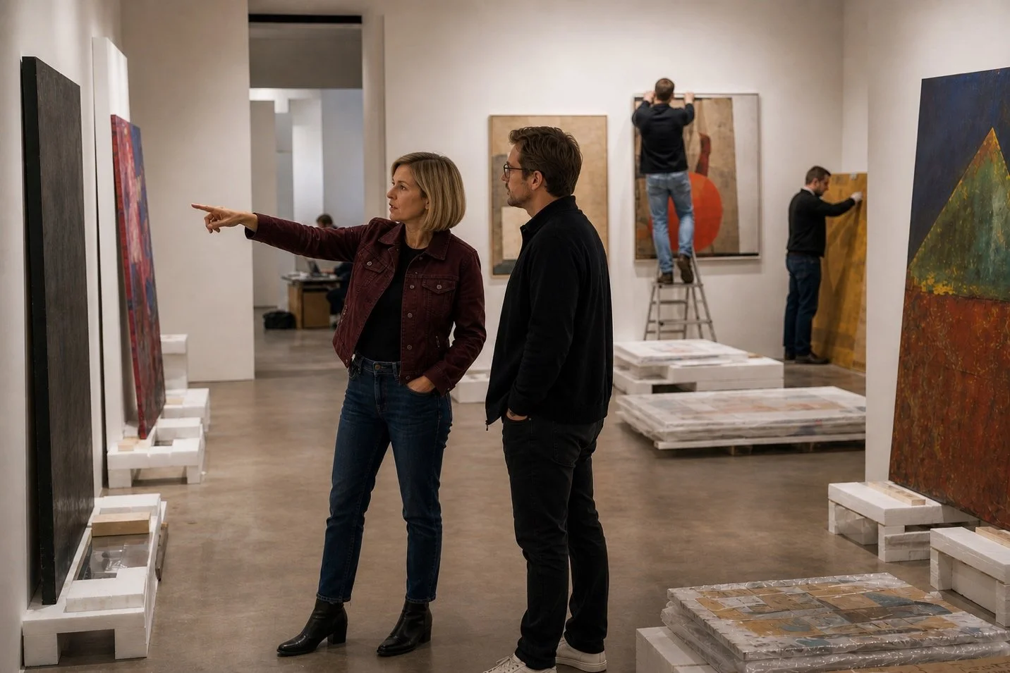 A woman points at a painting while talking to a man in a modern art gallery. Two people in the background hang artworks, creating a focused atmosphere.