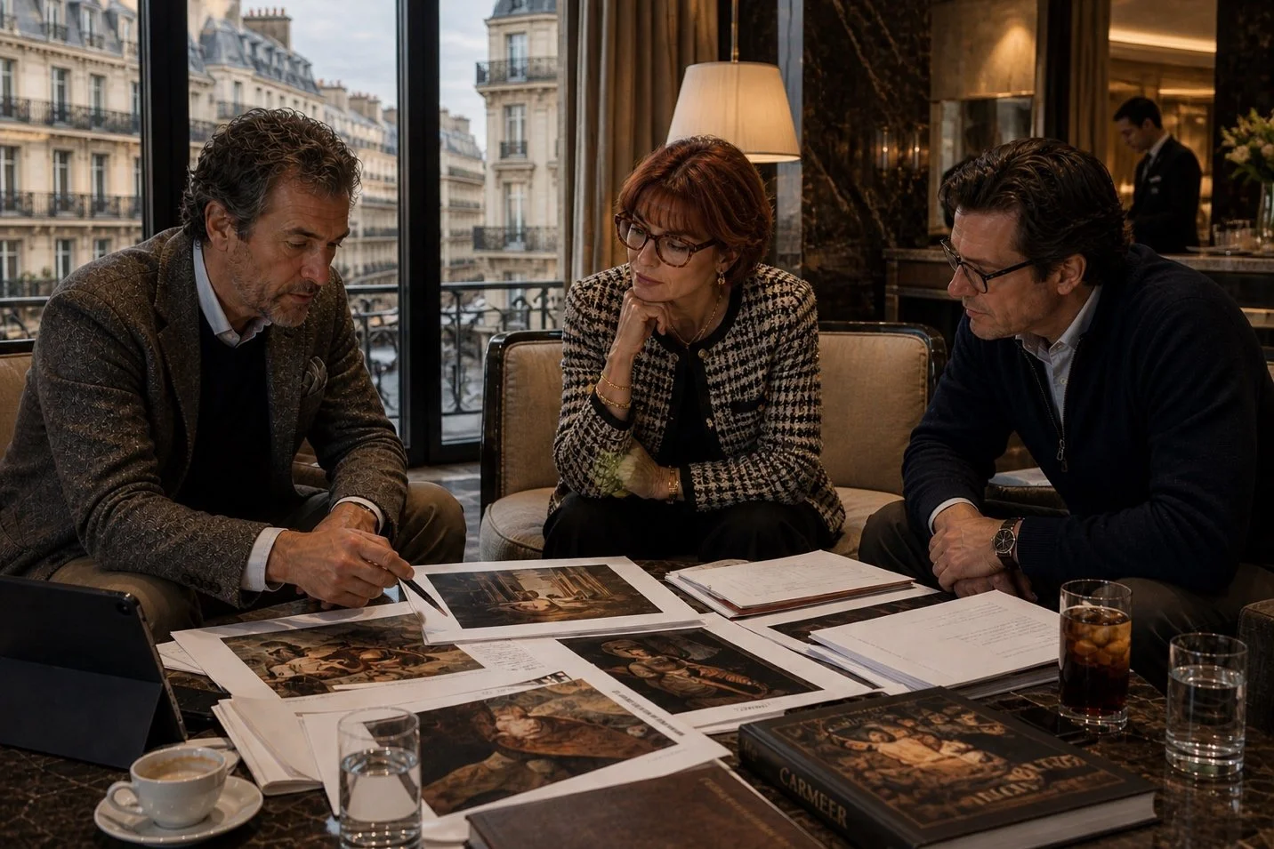 Three people are seated around a table in a stylish room with large windows, examining art prints and documents. The scene is focused and collaborative.