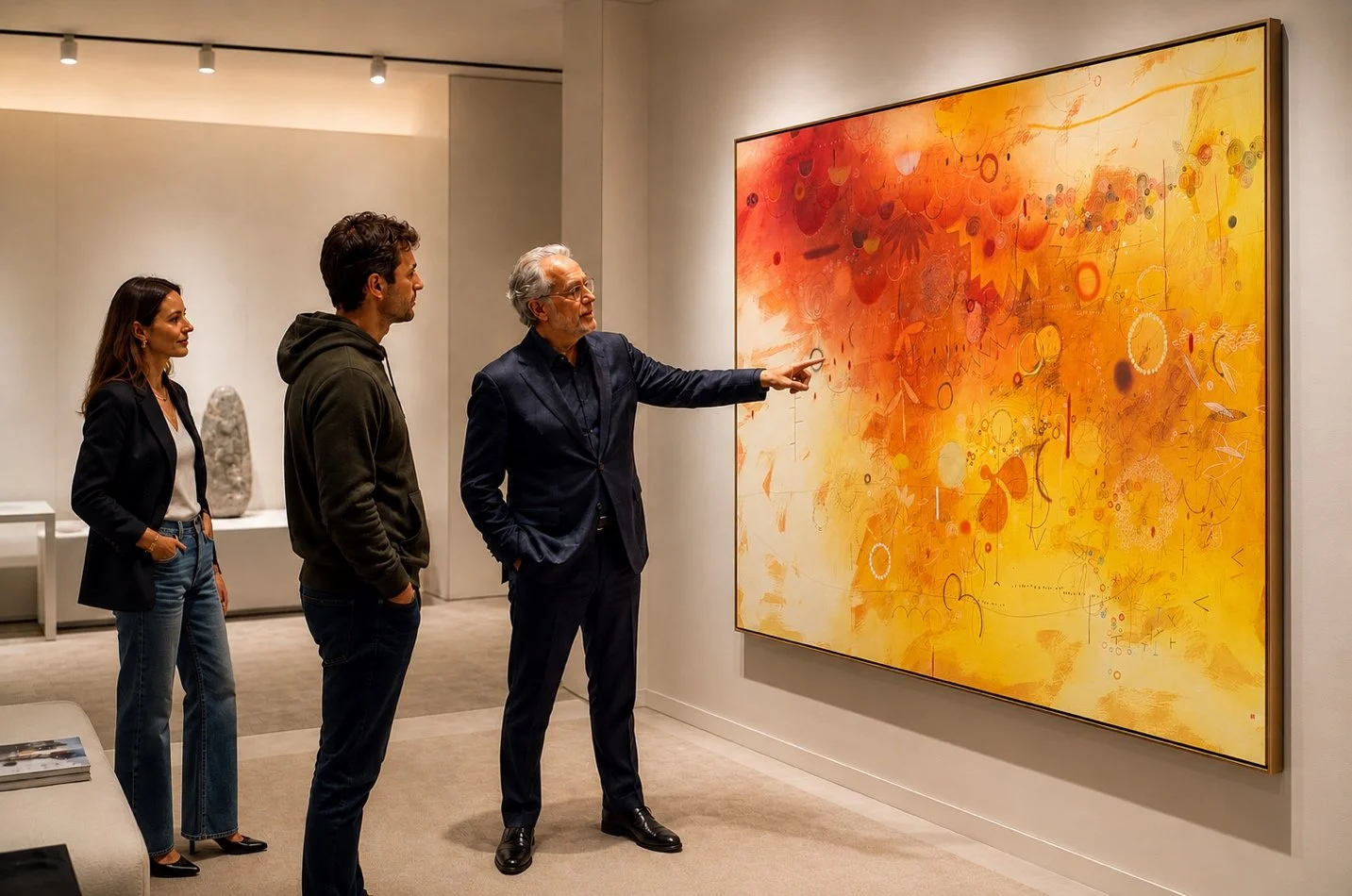 A man in a suit gestures towards an abstract painting in warm reds and yellows, while two people observe, creating an engaged, contemplative atmosphere.