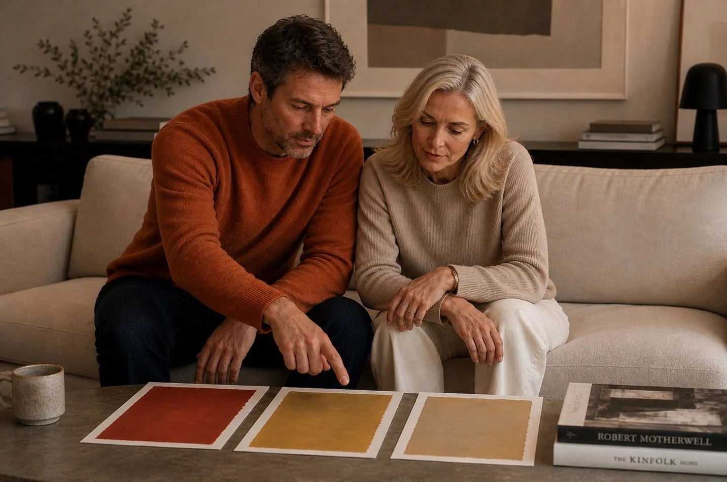 A man and woman seated on a beige sofa, examining three colored paper samples on a table. They're focused, with art books and a mug nearby, creating a cozy atmosphere.