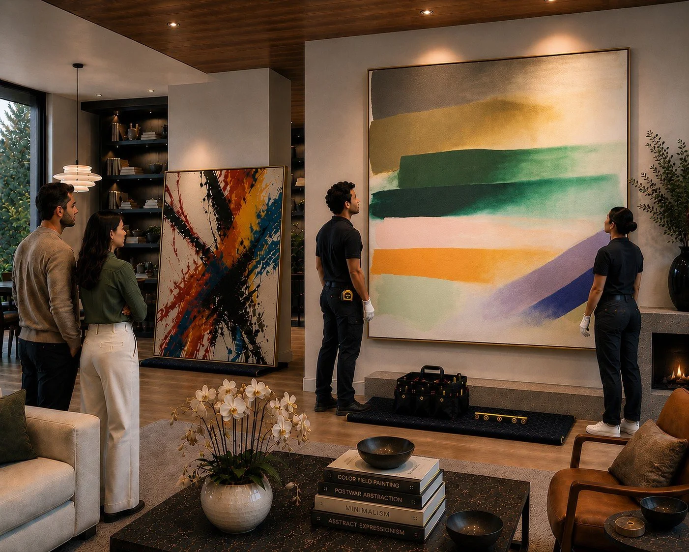 Two art installers position a large abstract painting on a living room wall while two people observe; another colorful artwork is visible in the background.