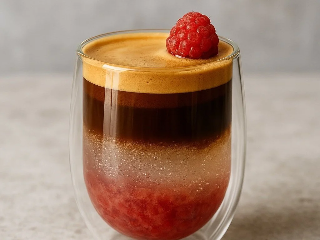 Lemon raspberry iced coffee with distinct fruit, sparkling water, and espresso layers, topped with a raspberry.