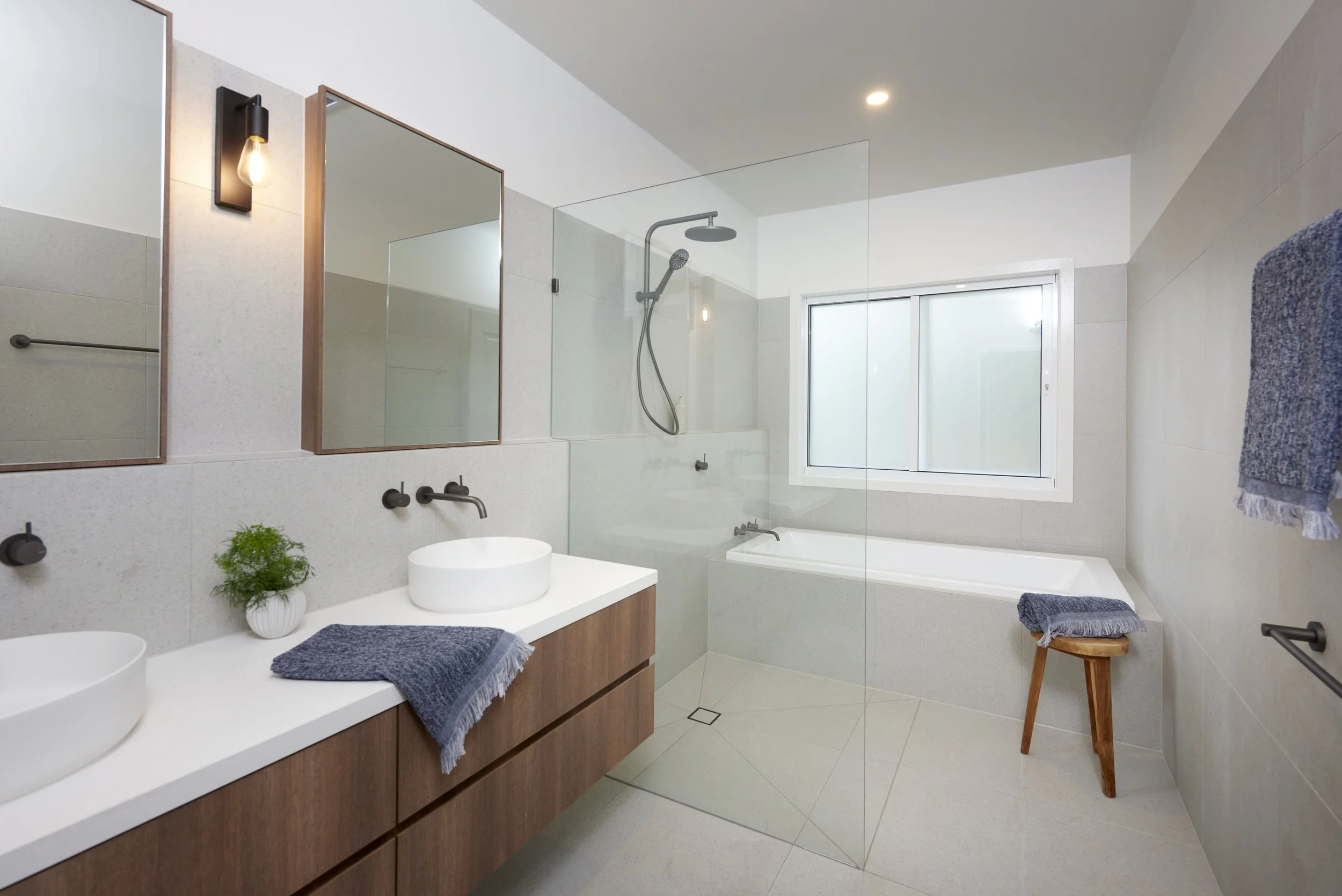 THE HILLS 2.0 CHILDREN BATHROOM WITH BUILT IN TUB, WALK IN SHOWER AND CUSTOM JOINERY WITH DUAL BASINS