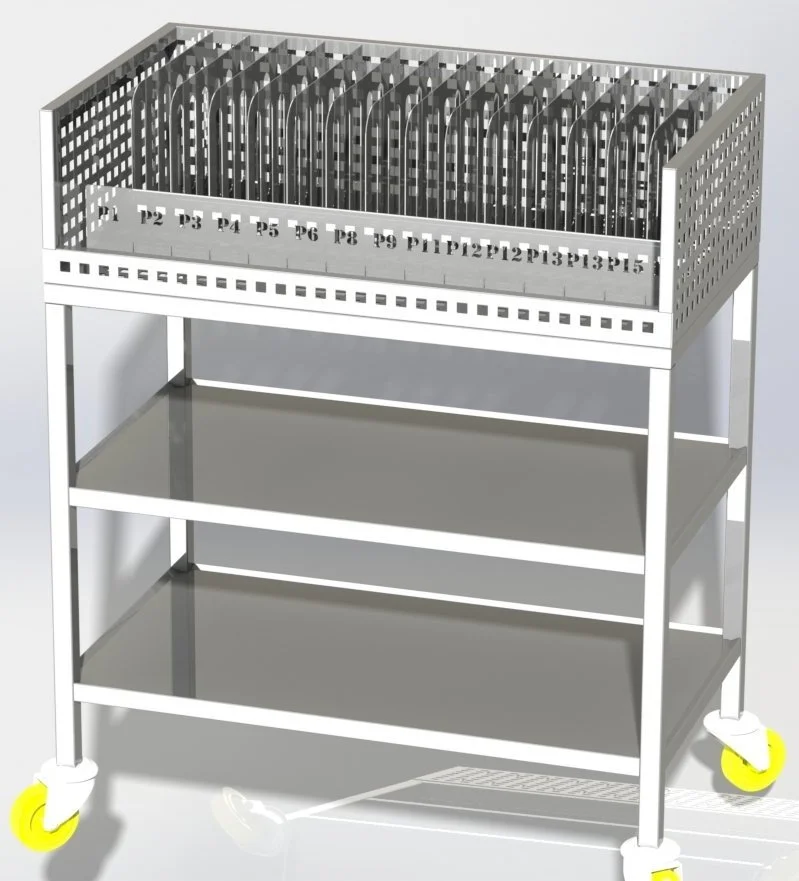 A laboratory rack on wheels with multiple slots and numbered labels, likely for organize laboratory equipment or containers.