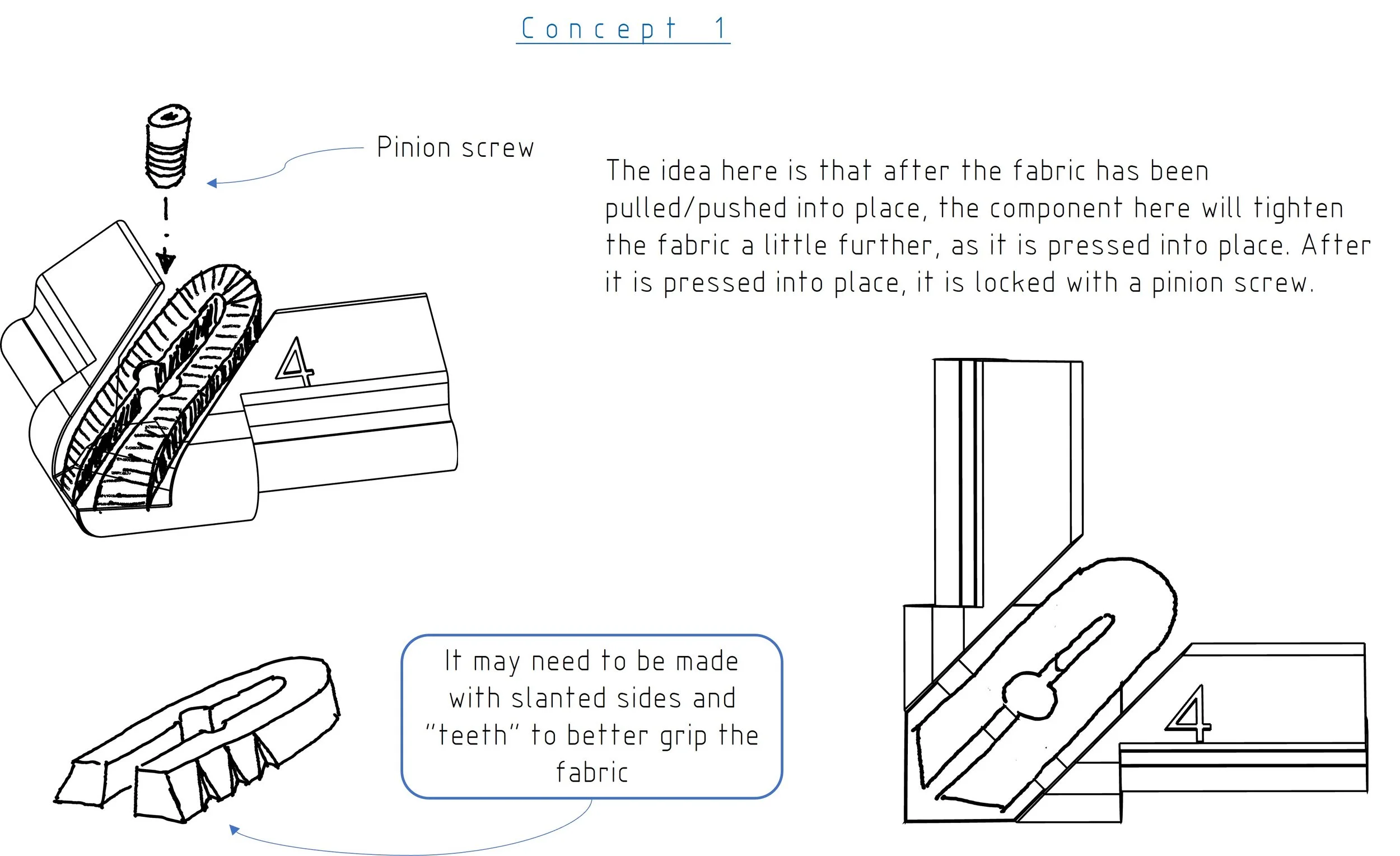 Diagram of a sewing pinion screw mechanism with text explaining that pressing the fabric into place and locking with the pinion screw tightens the fabric, with additional notes about making slanted sides and teeth for better grip.