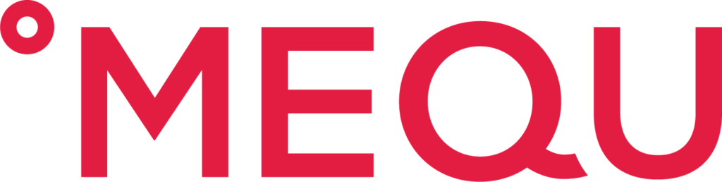 Close-up of the text 'MEQU' in bold red letters on a black background.