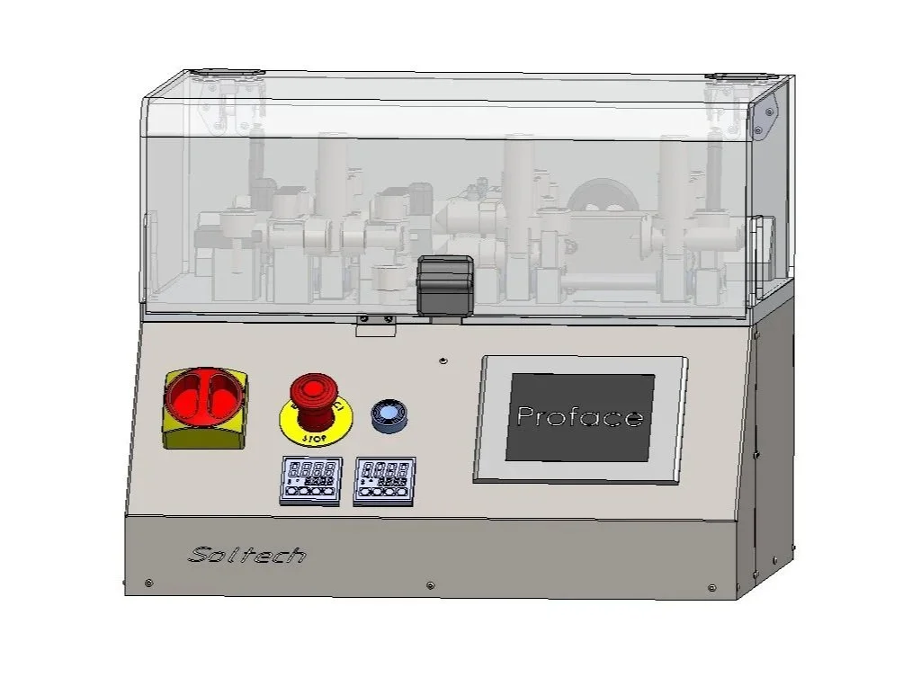 Laboratory machine with a transparent cover, control buttons, a touchscreen display labeled 'Proface', and internal mechanical components.