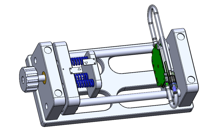 A mechanical device with metal rods, blue springs, a knob, and circuit board components, resembling a scientific or engineering apparatus.