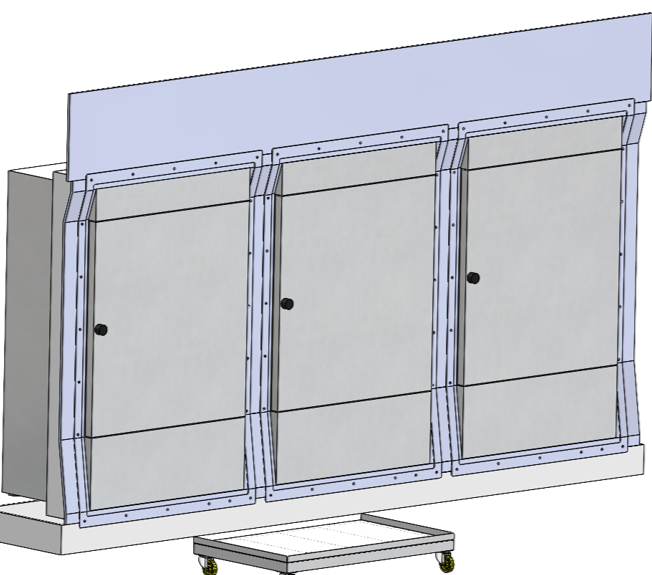 A large industrial or commercial door with three panels and a metal frame, on wheels for mobility.