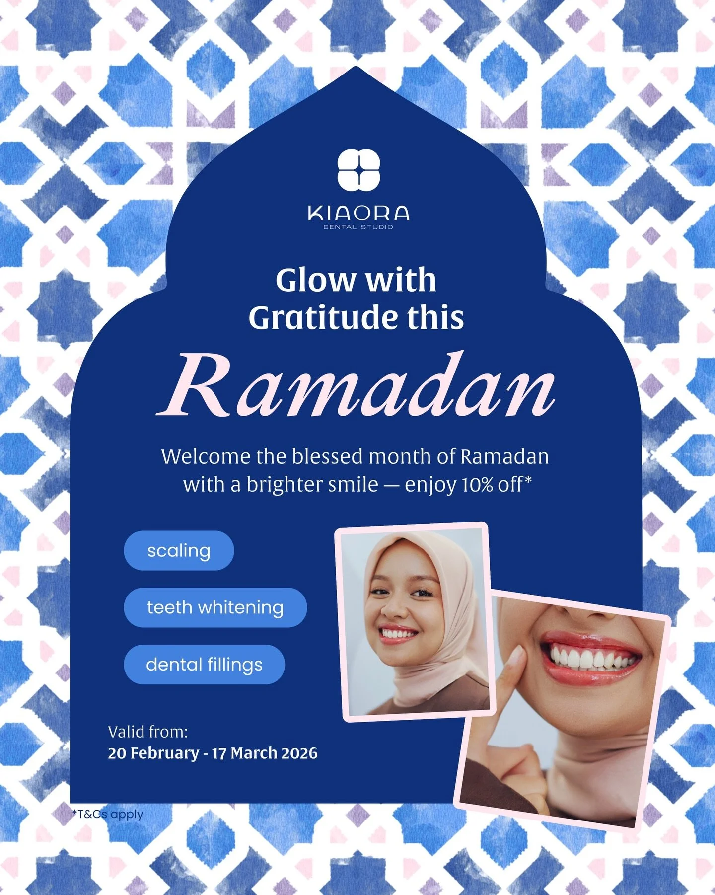 What better way to enter the Holy Month of Ramadan rather than with clean and fresh smiles? 🌙✨

During the month of Ramadan, you can get 10% OFF* selected dental treatments at KIAORA Dental Studio.

Even better, you can get MORE discount from doing 