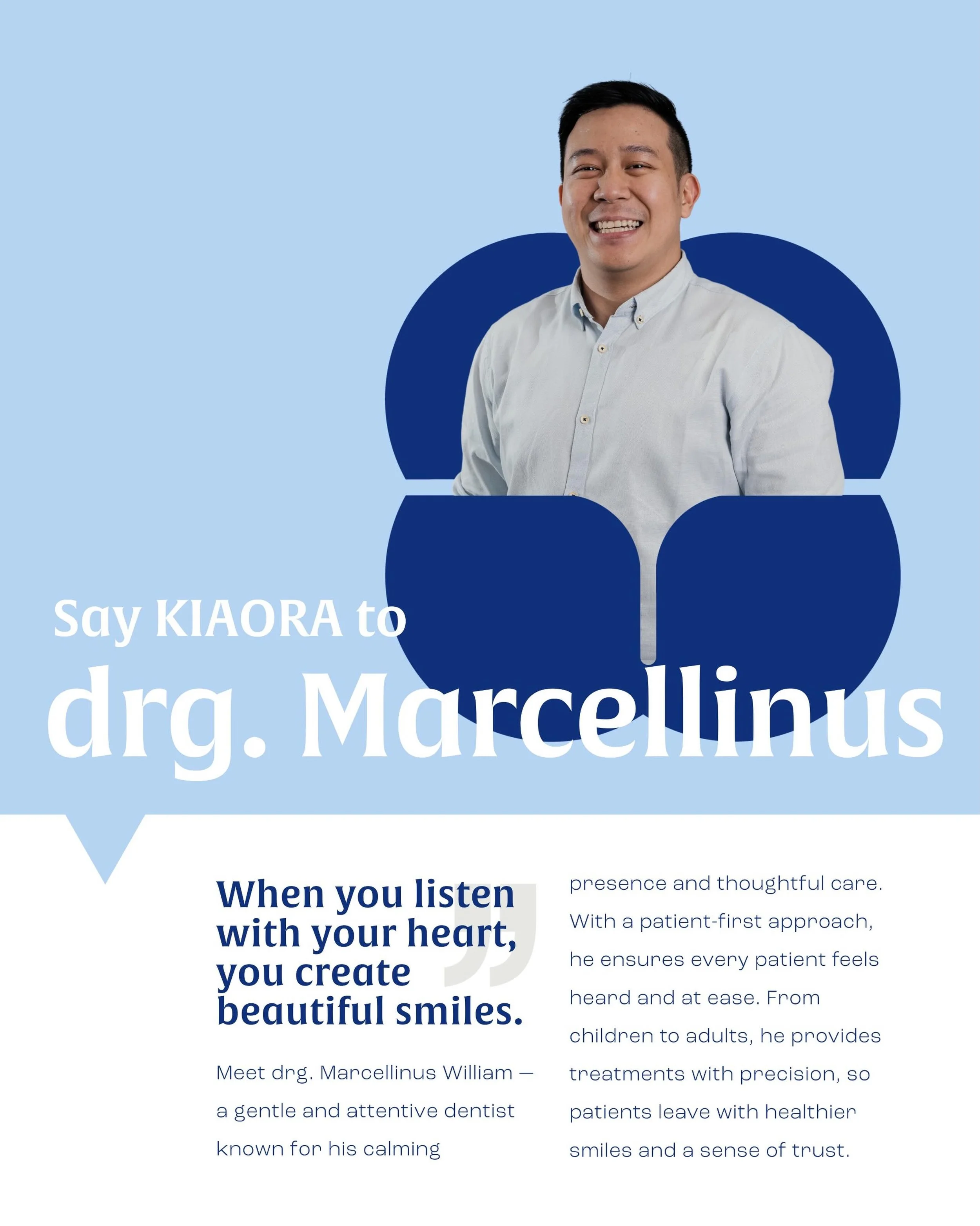 Meet drg. Marcellinus William &mdash; our gentle and attentive dentist at KIAORA.

💡 Fun fact: Beyond being a great listener, drg. @marcellwilliam is also quite the conversationalist &mdash; he loves engaging with patients and making them feel at ea
