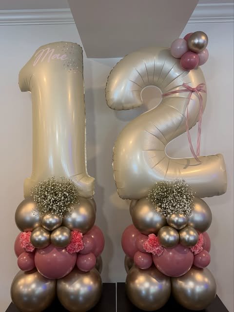 Number 12 balloon stacks in champagne and pink