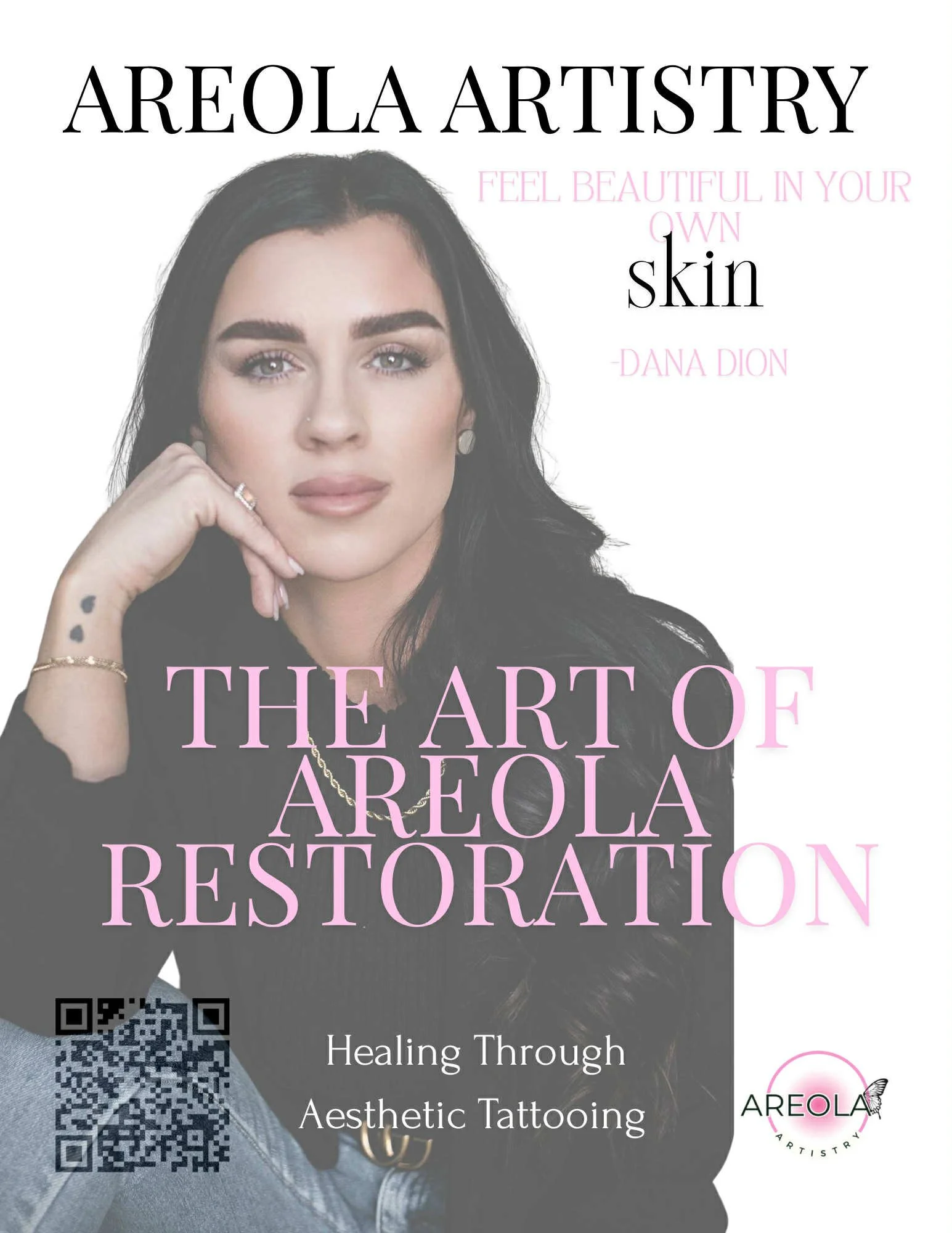 Cover of a book titled 'The Art of Areola Restoration' featuring a woman with dark hair, tattoos on her wrist, and jewelry. The subtitle reads 'Healing Through Aesthetic Tattooing.' Additional text includes 'Areola Artistry,' 'Feel Beautiful in Your Own Skin,' and 'Dana Dion.' There is a QR code on the bottom left corner and the Areola Artistry logo with a butterfly at the bottom right.
