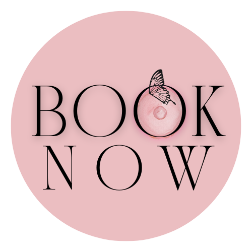 Pink circular background with black text that says "BOOK NOW," featuring a butterfly resting on the letter 'O'.