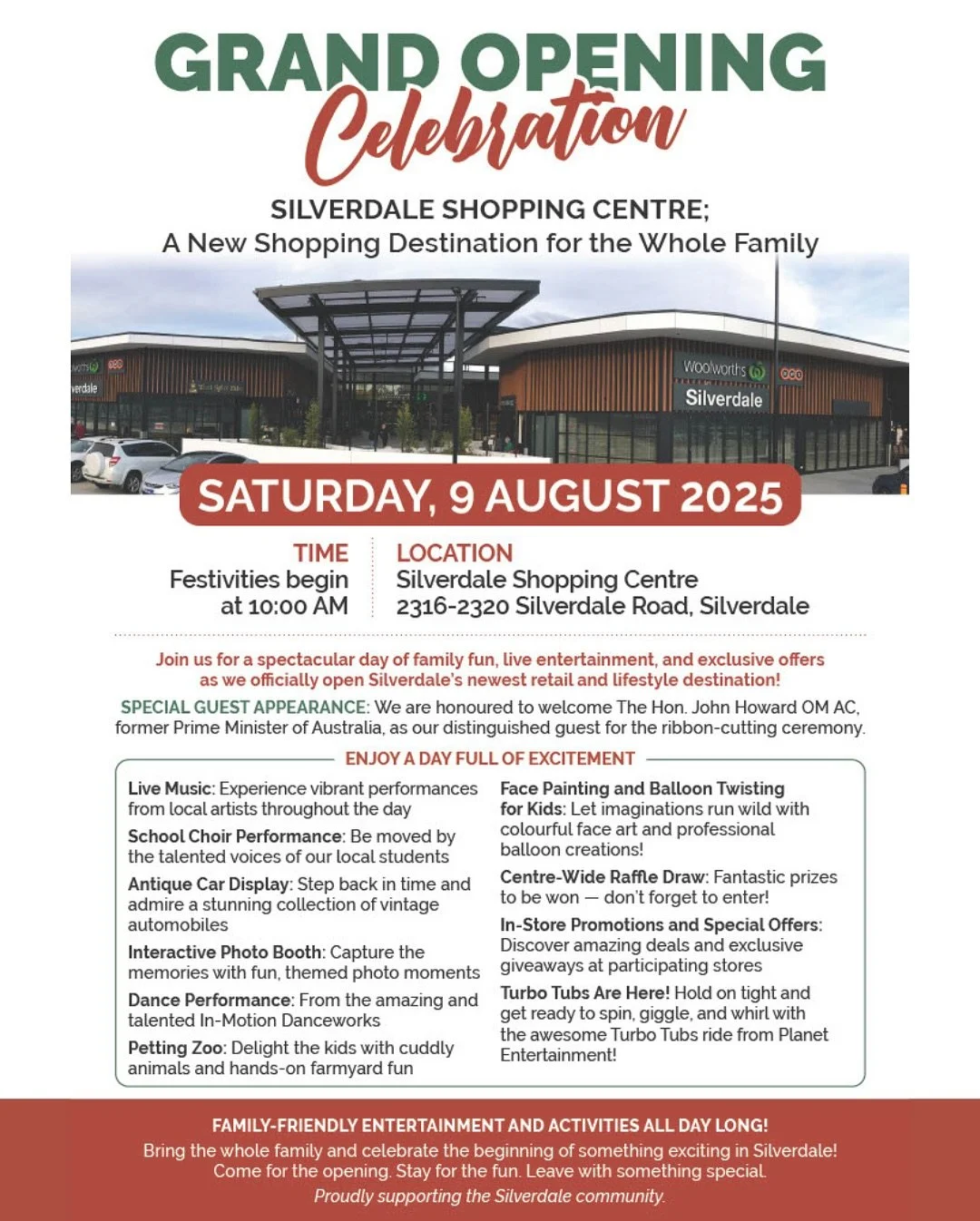 🎉 GRAND OPENING &ndash; SILVERDALE SHOPPING CENTRE 🎉
📍 2316&ndash;2320 Silverdale Road, Silverdale
🗓️ Saturday, 9 August 2025 | ⏰ From 10:00AM

Silverdale&rsquo;s newest shopping destination is officially opening!
Join us for a spectacular day of