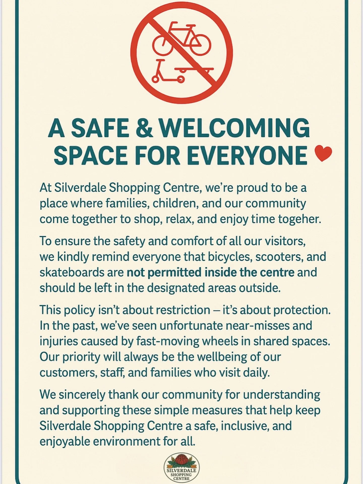 🚲 A Safe &amp; Welcoming Space for Everyone ❤️
At Silverdale Shopping Centre, we&rsquo;re proud to be a place where families, children, and our community come together to shop, relax, and enjoy time together.
To ensure the safety and comfort of all 
