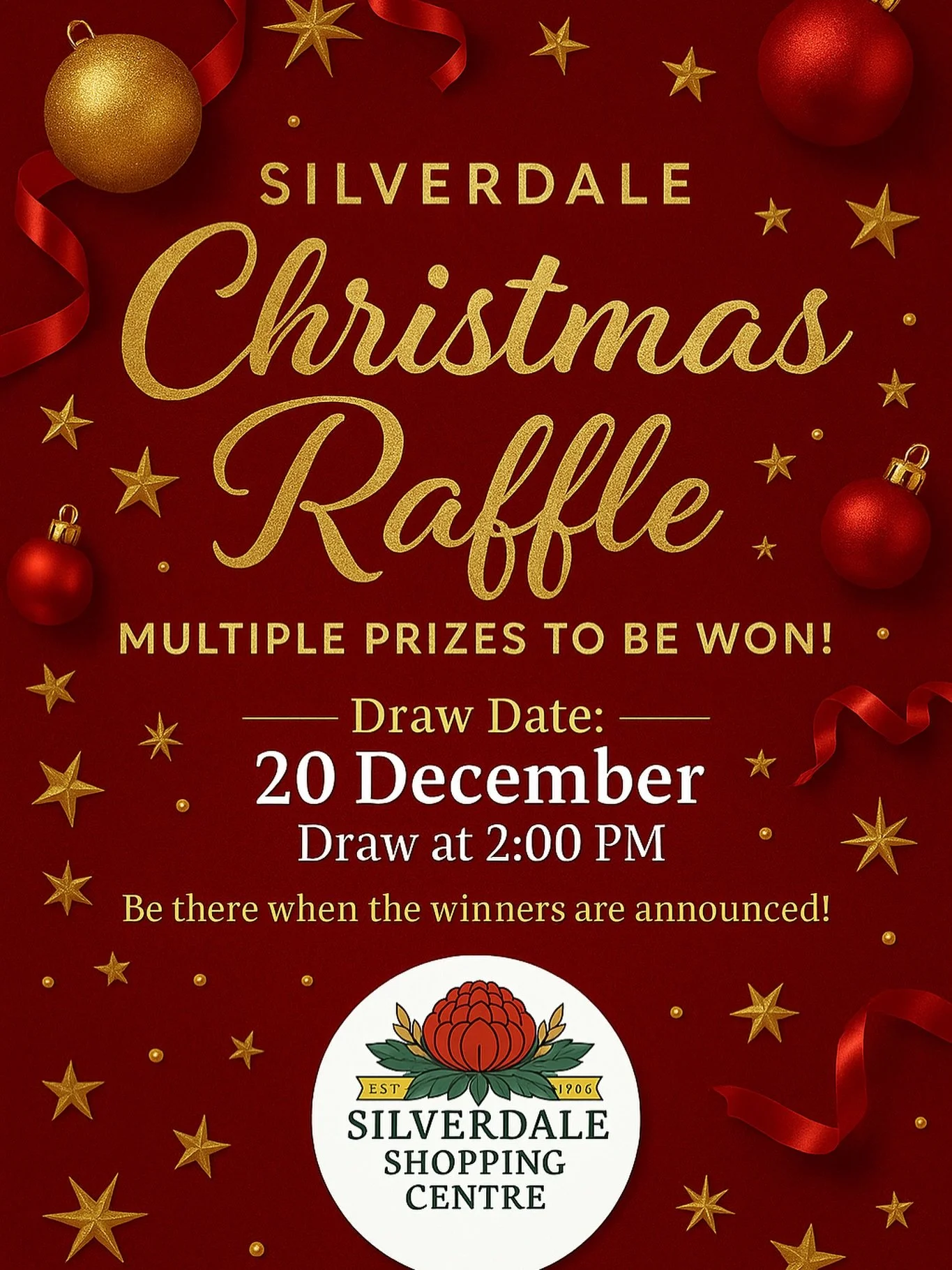 🎄 SILVERDALE CHRISTMAS RAFFLE DRAW! 🎁
The excitement is building! Our Christmas Raffle will be drawn on 20th December at 2:00 PM right here at Silverdale Shopping Centre.

With multiple amazing prizes up for grabs, this is your chance to take home 