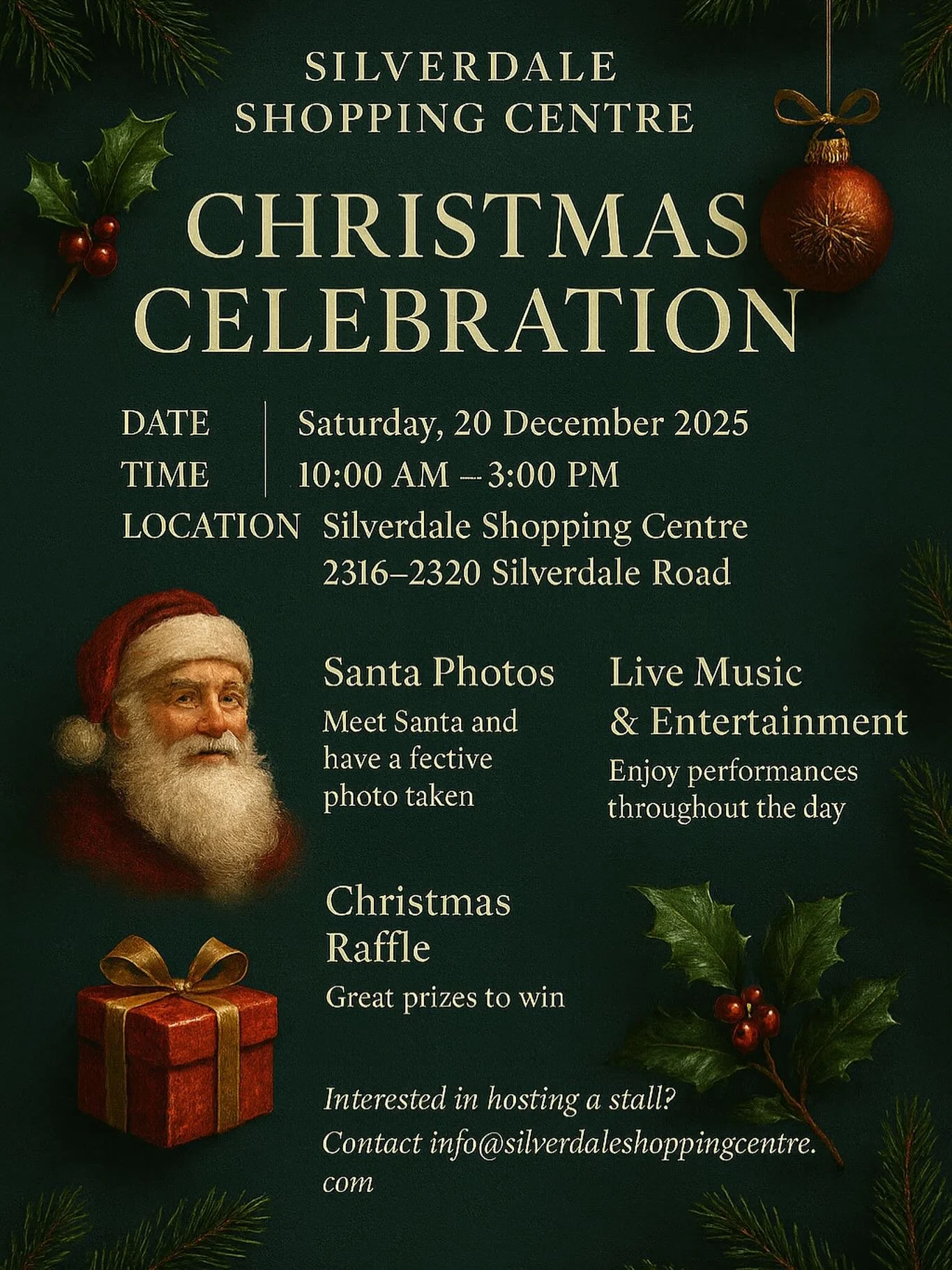 🎄 Silverdale Christmas Event 🎄
Join us on Saturday 20 December, 10AM&ndash;3PM for a festive community day filled with Christmas magic ✨

✨ Christmas Stalls
✨ Live Music &amp; Performances
✨ Santa Photos
✨ Kids Activities &amp; Free Face Painting
✨