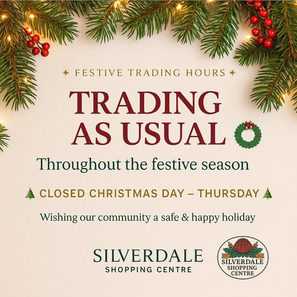 ✨ Holiday Trading Hours at Silverdale Shopping Centre ✨

Silverdale Shopping Centre will be trading as usual throughout the festive season, with the exception of:

🎄 Christmas Day &ndash; Thursday
❌ Centre Closed

We wish all our customers, tenants 