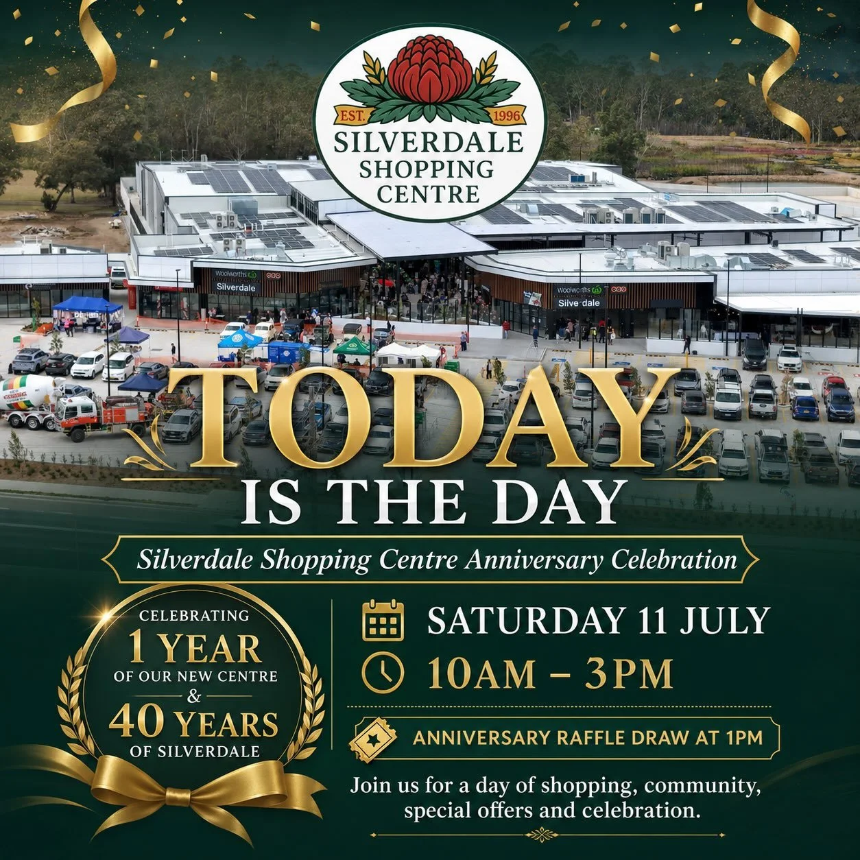 Today is the day! 🎉✨

The Silverdale Shopping Centre Anniversary Celebration is happening today, and we can&rsquo;t wait to welcome everyone to the centre.

Join us as we celebrate 1 year of the new Silverdale Shopping Centre and 40 years of Silverd