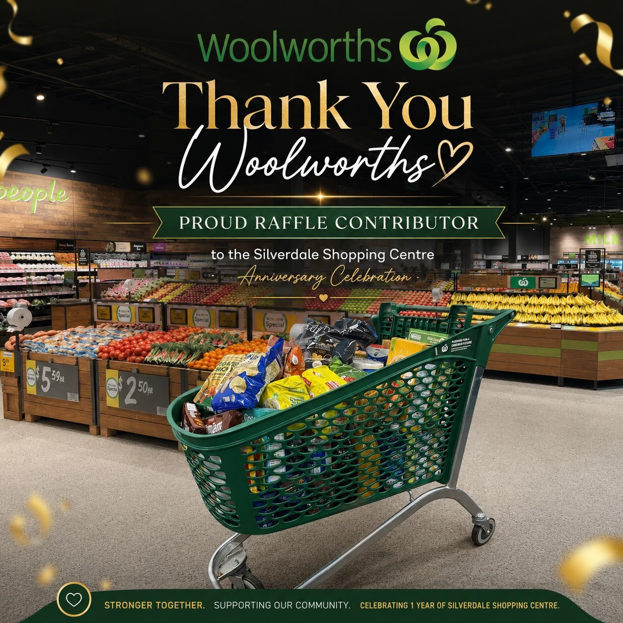 A special thank you to Woolworths Silverdale for their generous contribution to our Anniversary Raffle. 💚

As the anchor of Silverdale Shopping Centre, Woolworths has played such an important role in the success, growth and everyday life of our cent