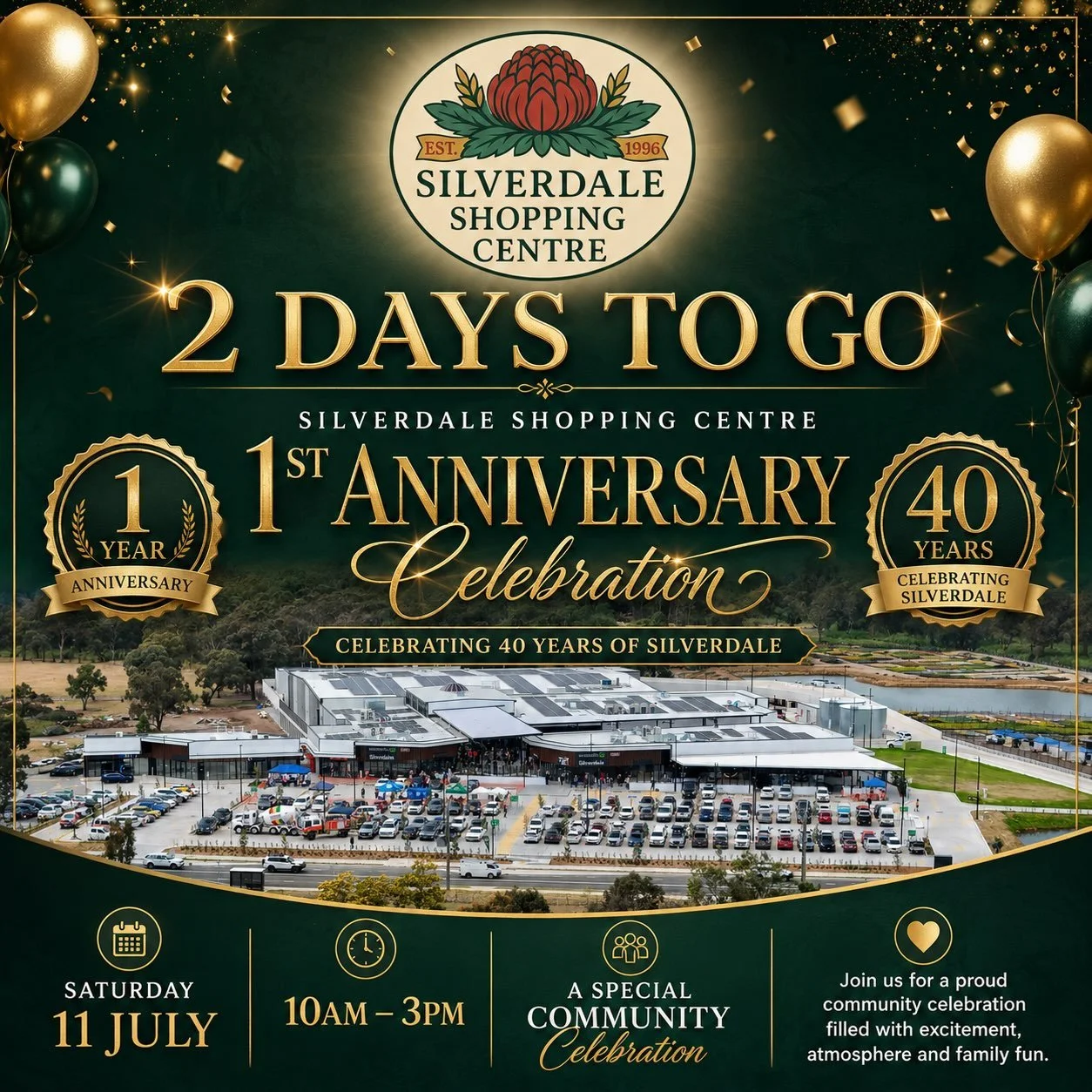 Only 2 days to go! 🎉✨

The countdown is officially on for the Silverdale Shopping Centre 1st Anniversary Celebration.

Join us this Saturday 11 July from 10am &ndash; 3pm as we celebrate a very special milestone for the centre, the local community, 