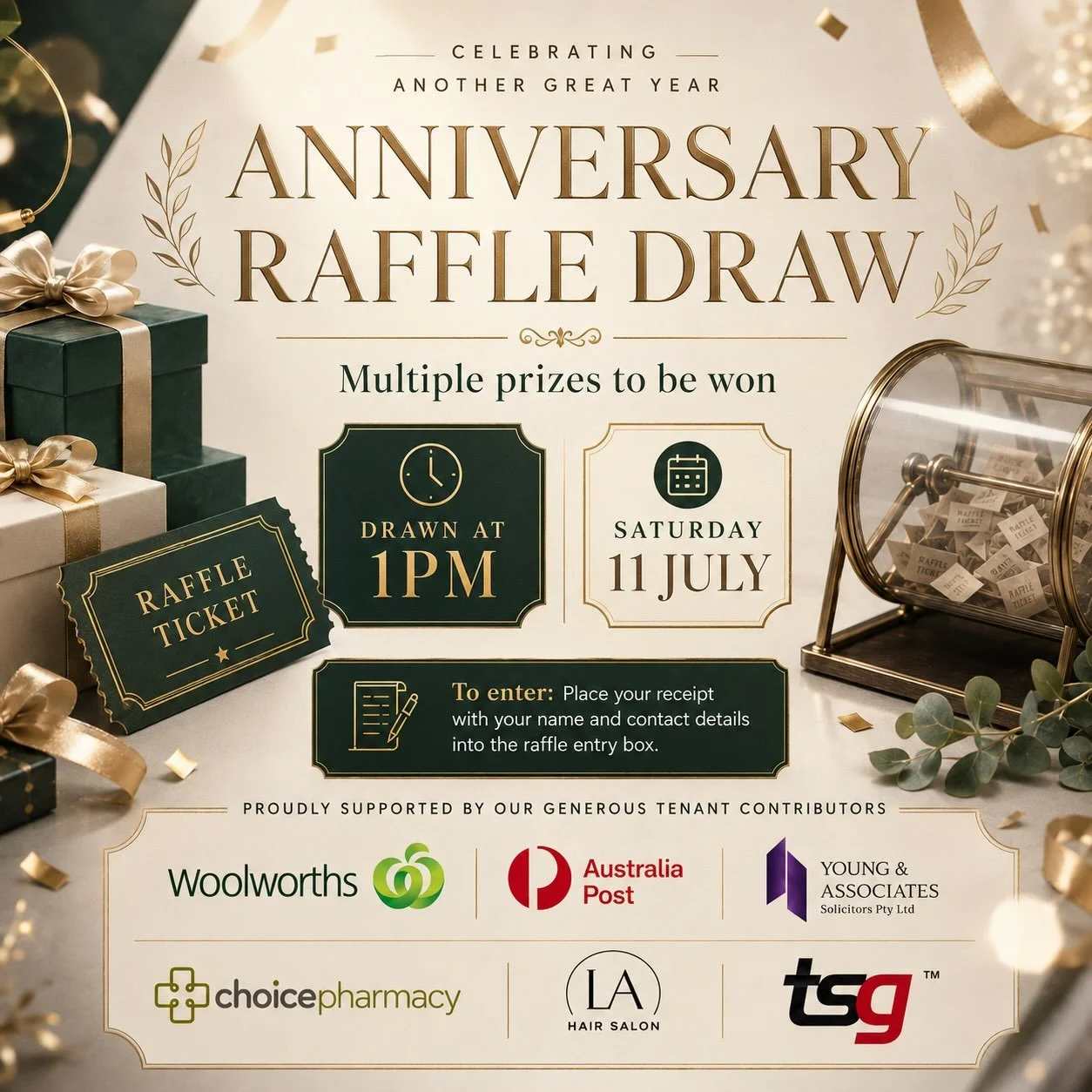 A special thank you to the wonderful tenants who have generously contributed prizes to our Anniversary Raffle Draw. ✨

As we celebrate Silverdale Shopping Centre&rsquo;s 1st Anniversary and 40 years of Silverdale&rsquo;s legacy, we would like to give