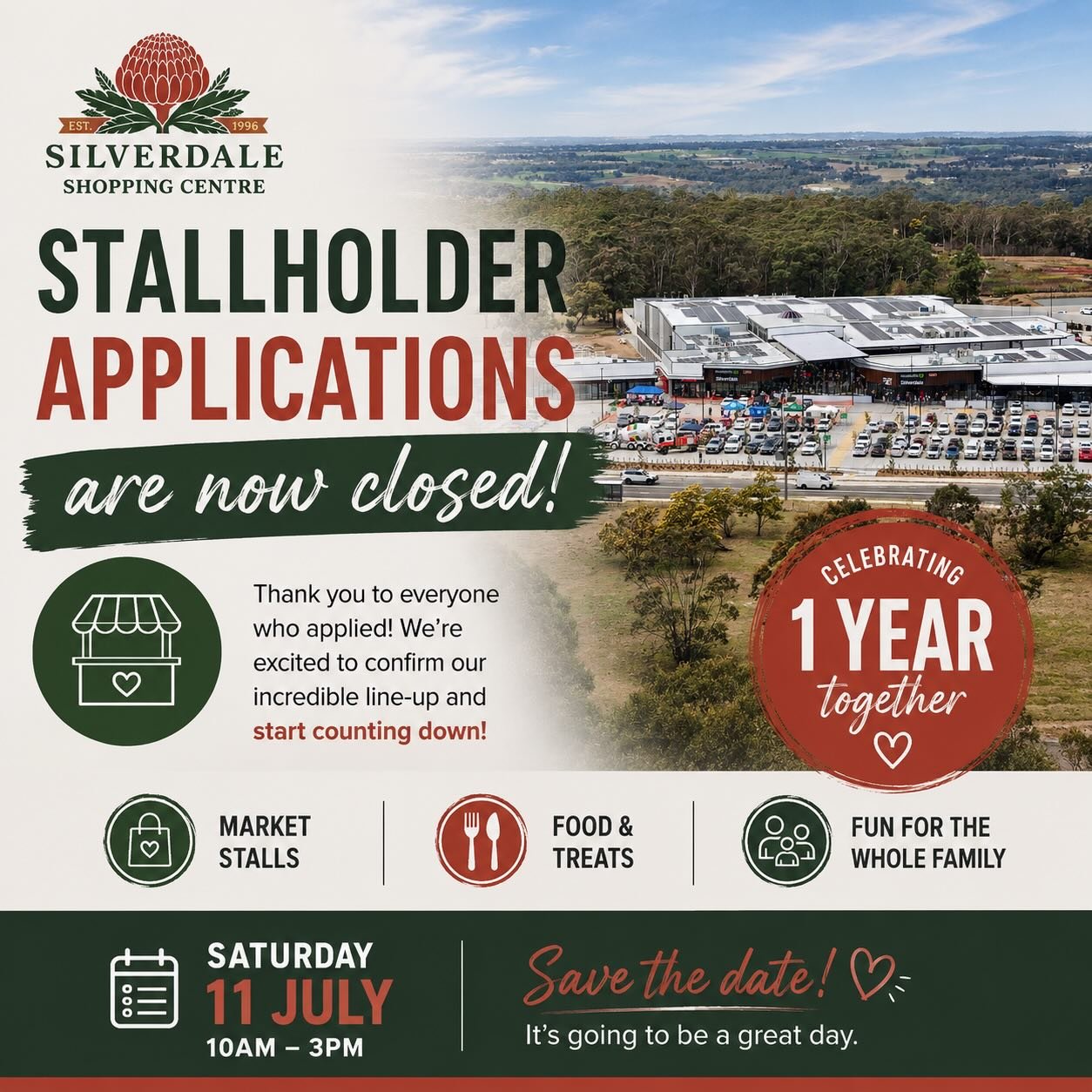 Stallholder applications are now officially closed 🎉

A huge thank you to everyone who applied to be part of our Silverdale Shopping Centre Anniversary Celebration. We have had an amazing response and are excited to bring together a fantastic line-u