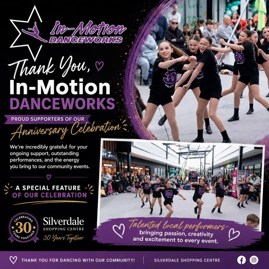 We&rsquo;re so proud to have In-Motion Danceworks supporting our upcoming Silverdale Shopping Centre Anniversary Celebration ✨
A heartfelt thank you to Rebecca and the incredible In-Motion Danceworks team for their ongoing support, energy and contrib