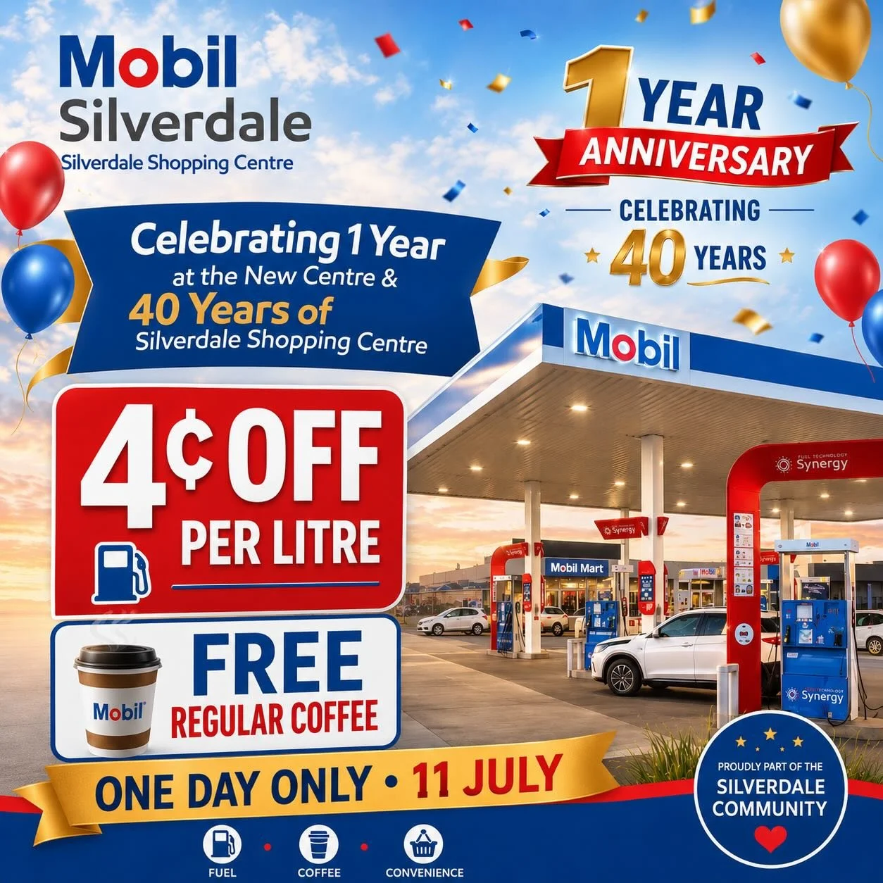 🎉 Celebrate with us at Silverdale Mobil!
We&rsquo;re proud to be part of Silverdale Shopping Centre&rsquo;s 1 Year Anniversary at the New Centre and 40 Years of serving the Silverdale community.
For one day only &mdash; 11 July, enjoy:
⛽ 4c off per 