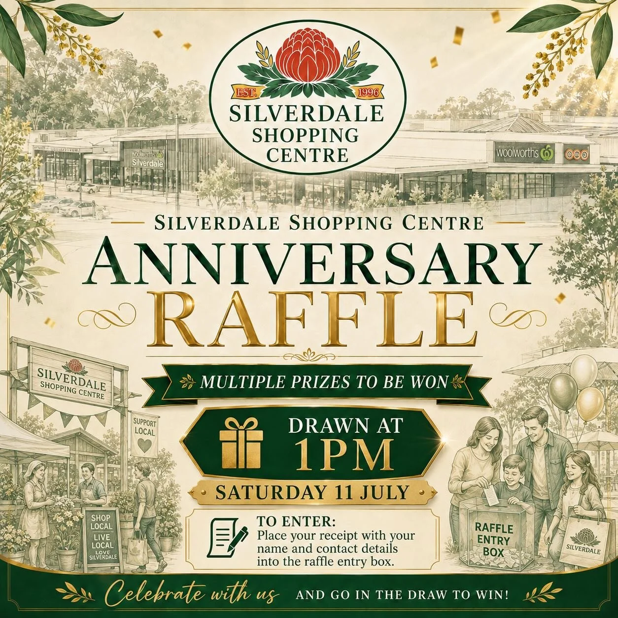 🎉 Anniversary Raffle at Silverdale Shopping Centre 🎉

As part of our Anniversary Celebration, we&rsquo;re giving shoppers the chance to win multiple prizes on the day!

To enter, simply place your receipt into the raffle entry box with your name an