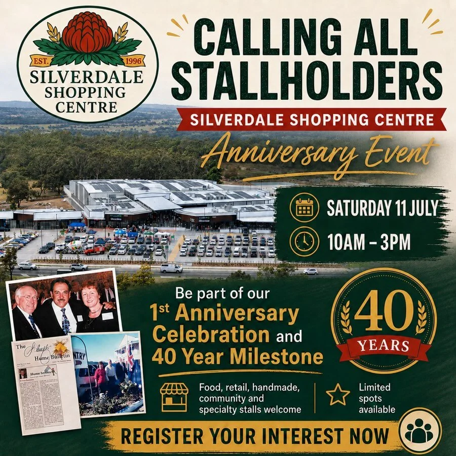 ✨ Calling all stallholders ✨

Following the huge success of our previous community markets, Silverdale Shopping Centre is now inviting expressions of interest from stallholders for our special Anniversary Celebration.

This event will commemorate 40 