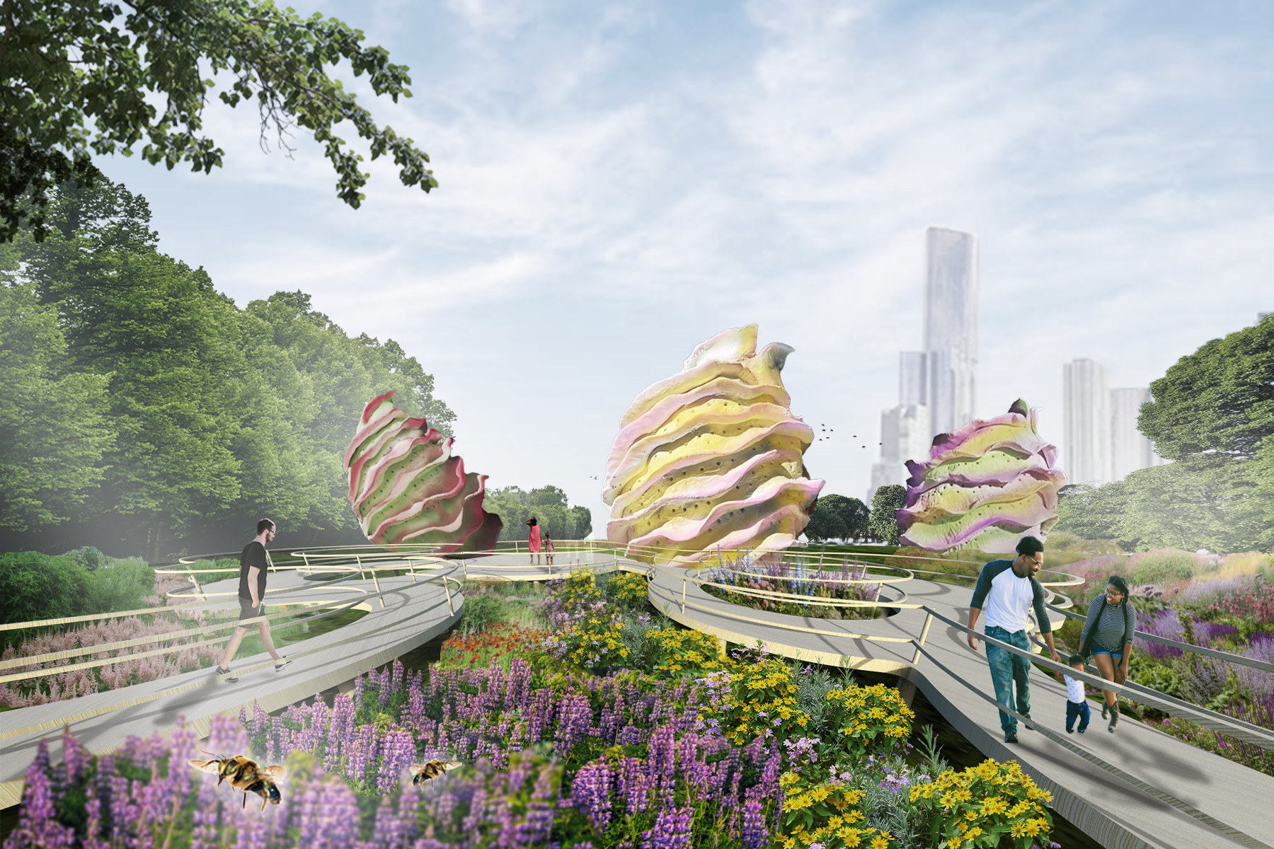 A futuristic park with a winding boardwalk, large colorful shell sculptures, and various blooming flowers, with people walking and bees in the foreground, and tall skyscrapers in the background.