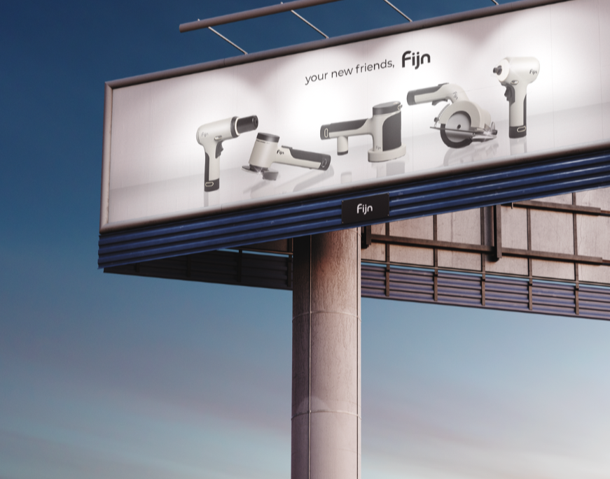 Billboard advertising Fijn branded handheld power tools, including a screwdriver, drill, and reciprocating saw, against a blue sky background.
