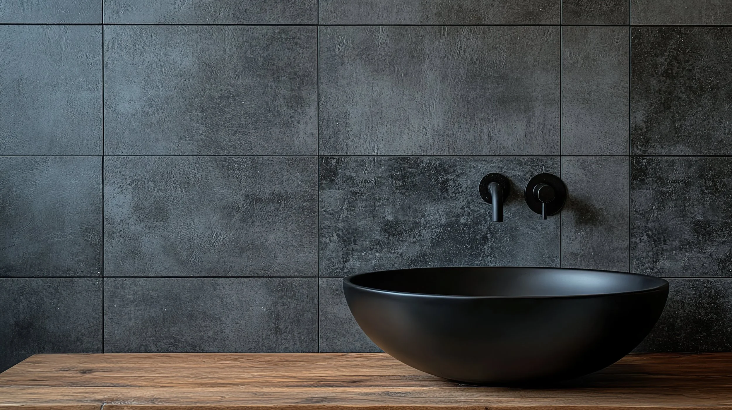 Black round vessel sink on a wooden countertop with a dark grey tiled wall in the background.