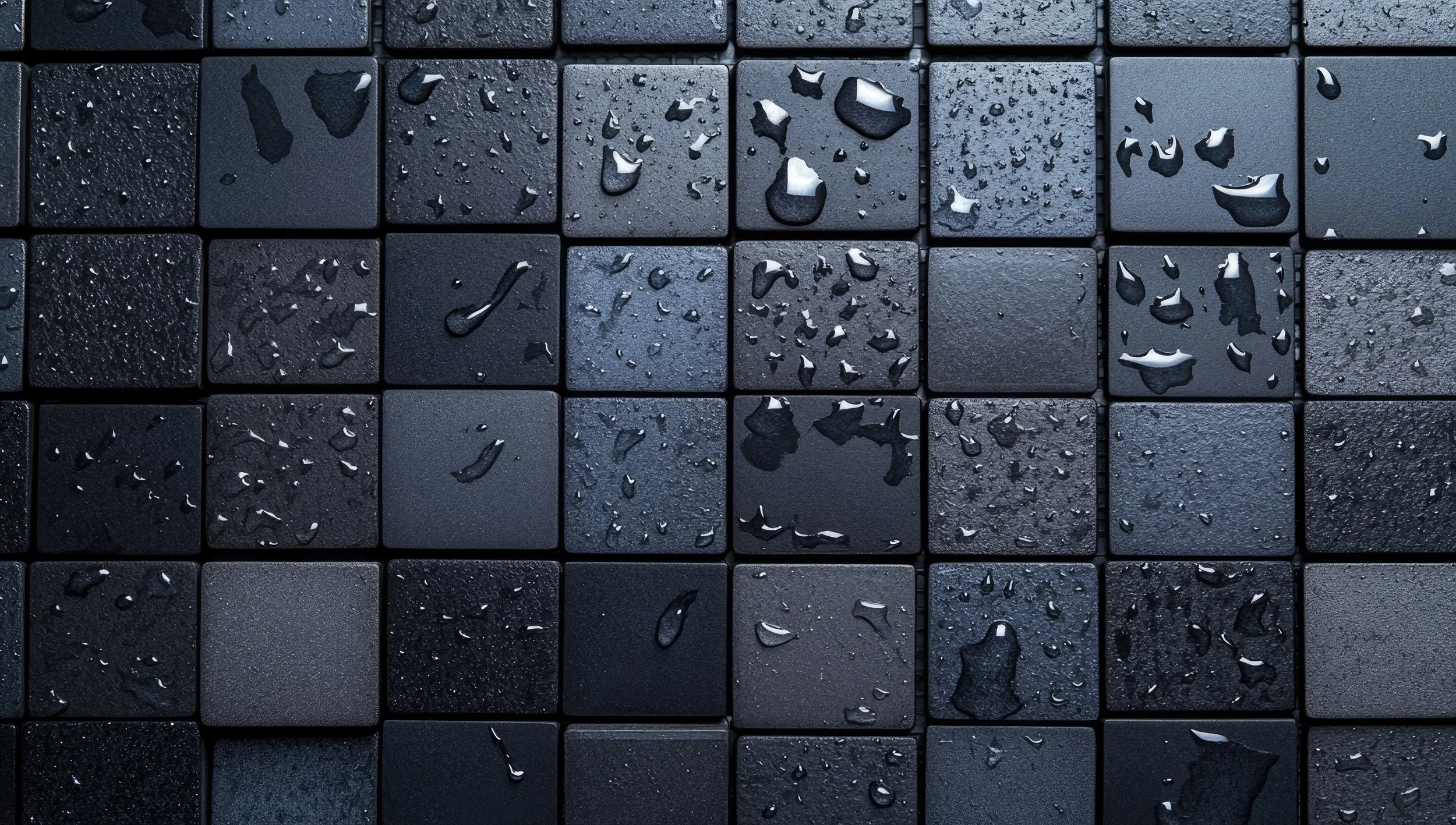 Close-up of black square tiles with water droplets on their surface.