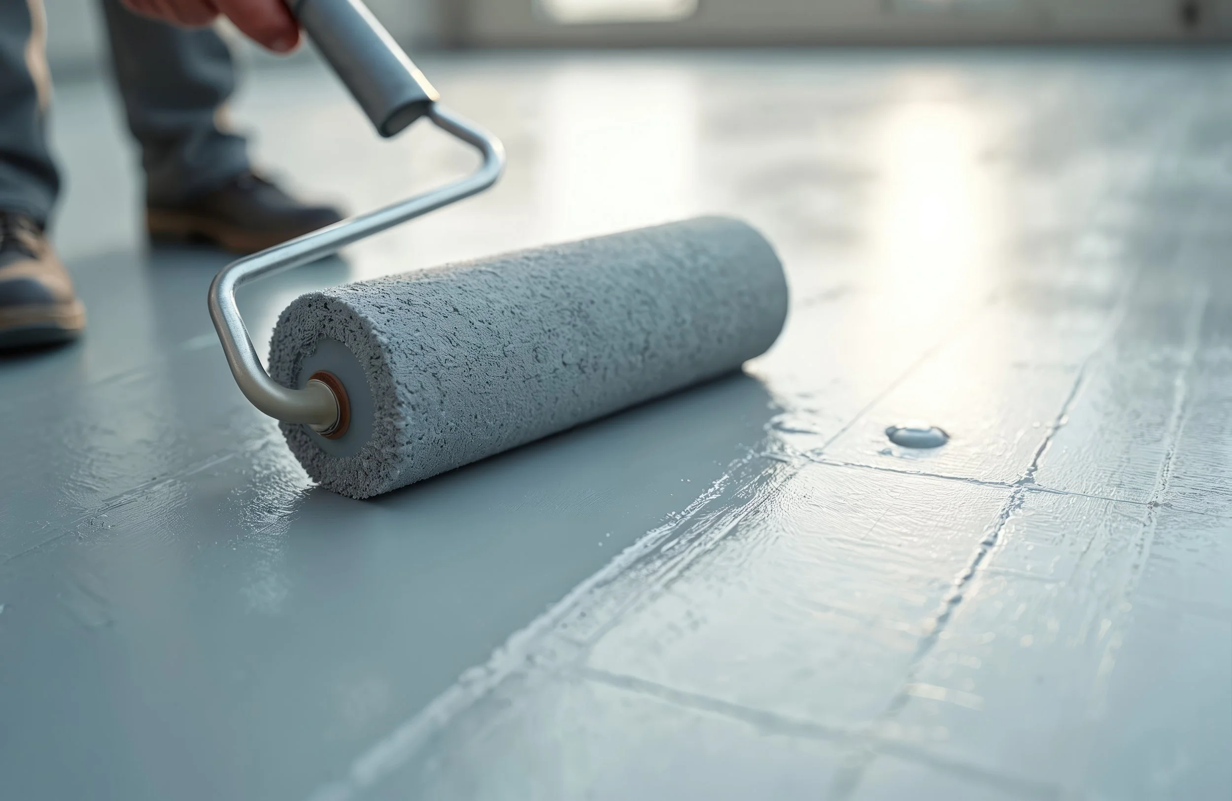 Person using a paint roller to apply waterproofing membrane.