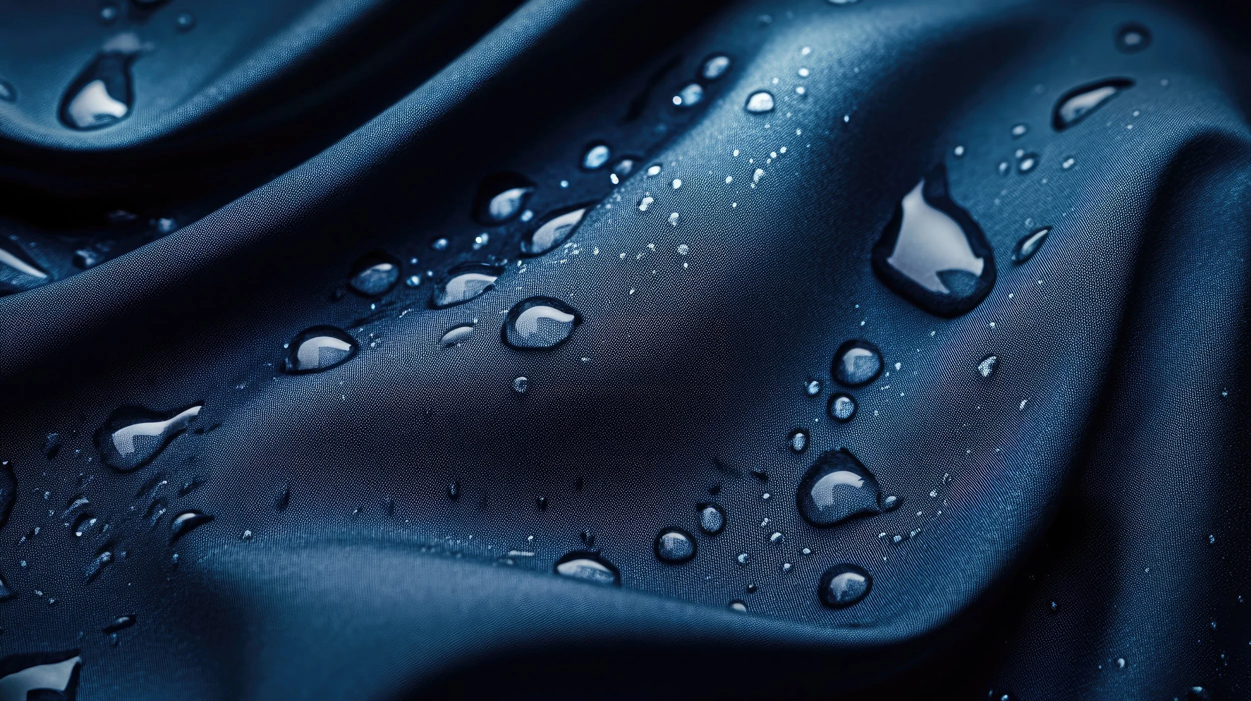 Waterproof fabric with water droplets on its surface.